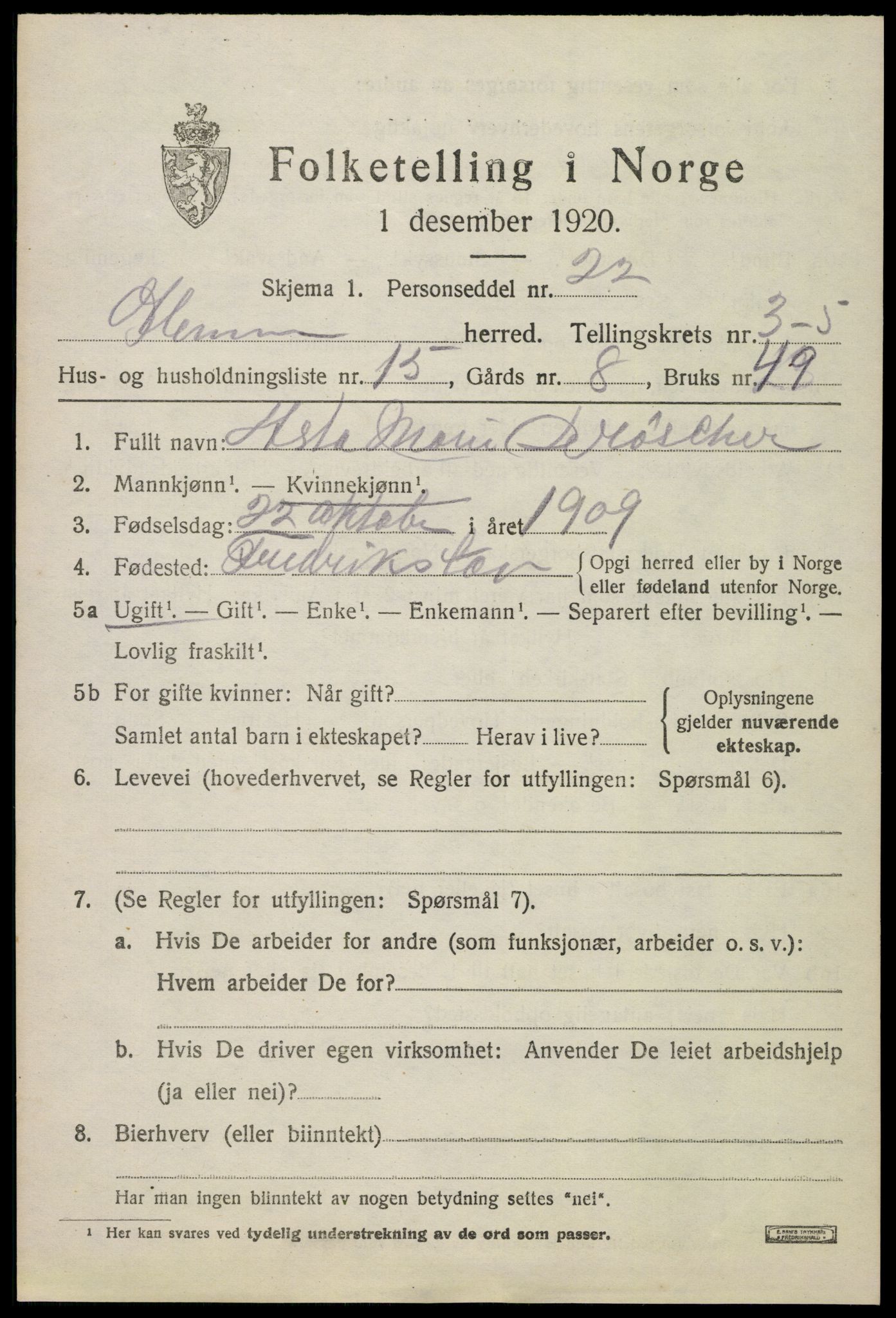 SAO, 1920 census for Glemmen, 1920, p. 8165