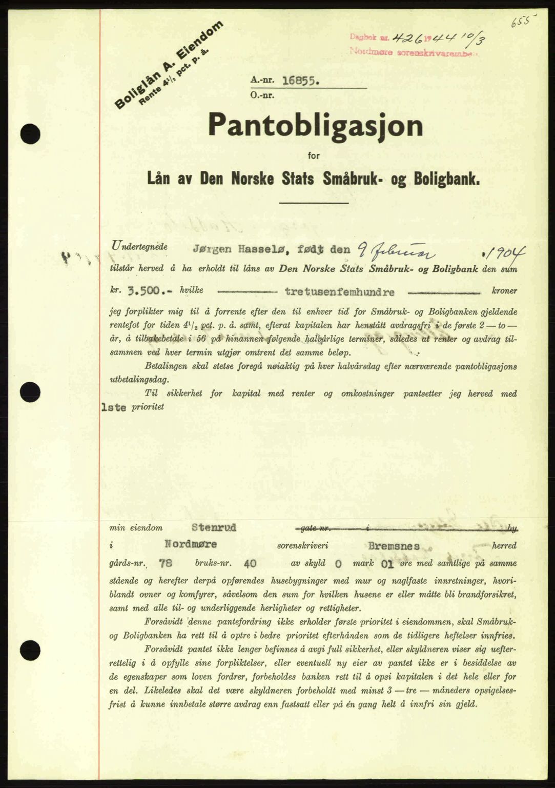 Nordmøre sorenskriveri, AV/SAT-A-4132/1/2/2Ca: Mortgage book no. B91, 1943-1944, Diary no: : 426/1944