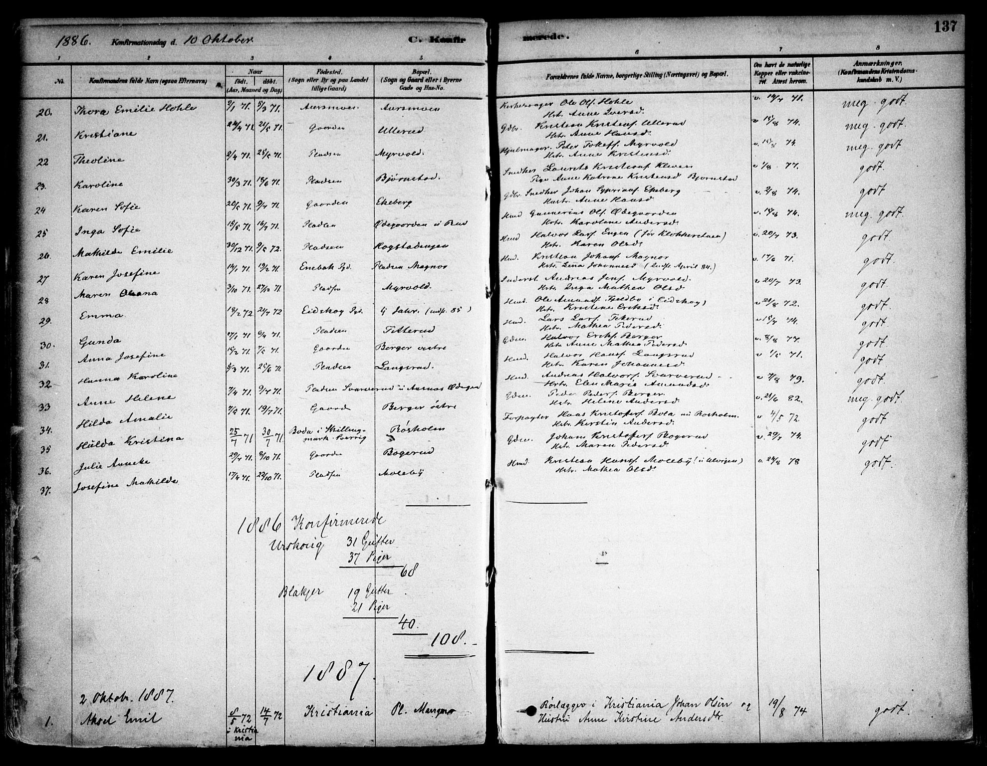 Aurskog prestekontor Kirkebøker, SAO/A-10304a/F/Fa/L0008: Parish register (official) no. I 8, 1878-1937, p. 137