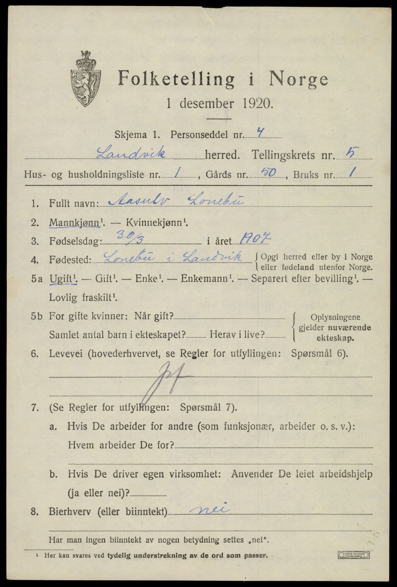 SAK, 1920 census for Landvik, 1920, p. 4014