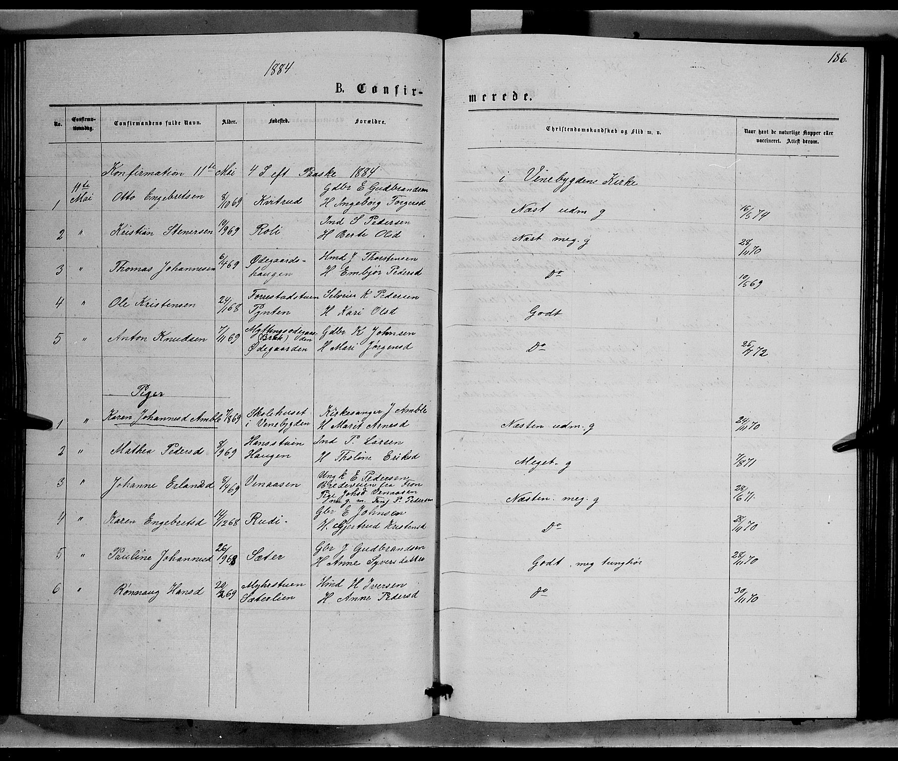 Ringebu prestekontor, SAH/PREST-082/H/Ha/Hab/L0006: Parish register (copy) no. 6, 1880-1898, p. 186