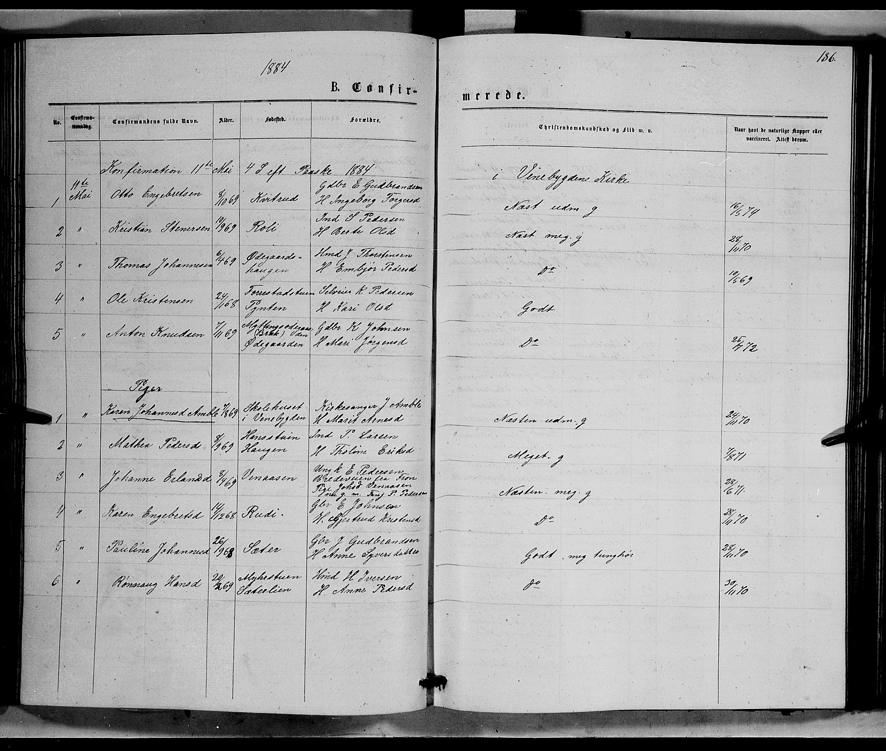 Ringebu prestekontor, AV/SAH-PREST-082/H/Ha/Hab/L0006: Parish register (copy) no. 6, 1880-1898, p. 186