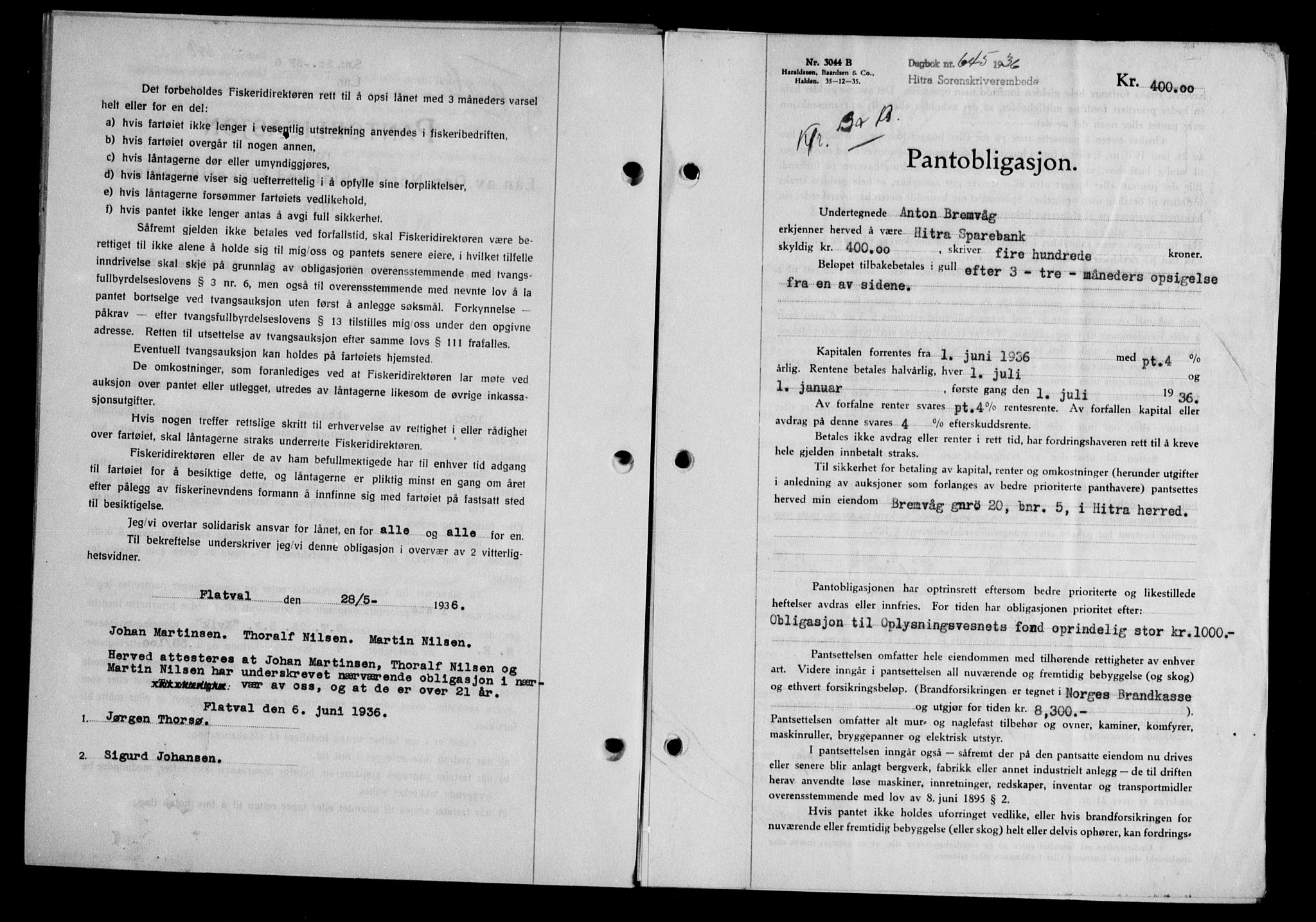 Hitra sorenskriveri, AV/SAT-A-0018/2/2C/2Ca/L0028: Mortgage book no. B-1, 1936-1939, Diary no: : 645/1936