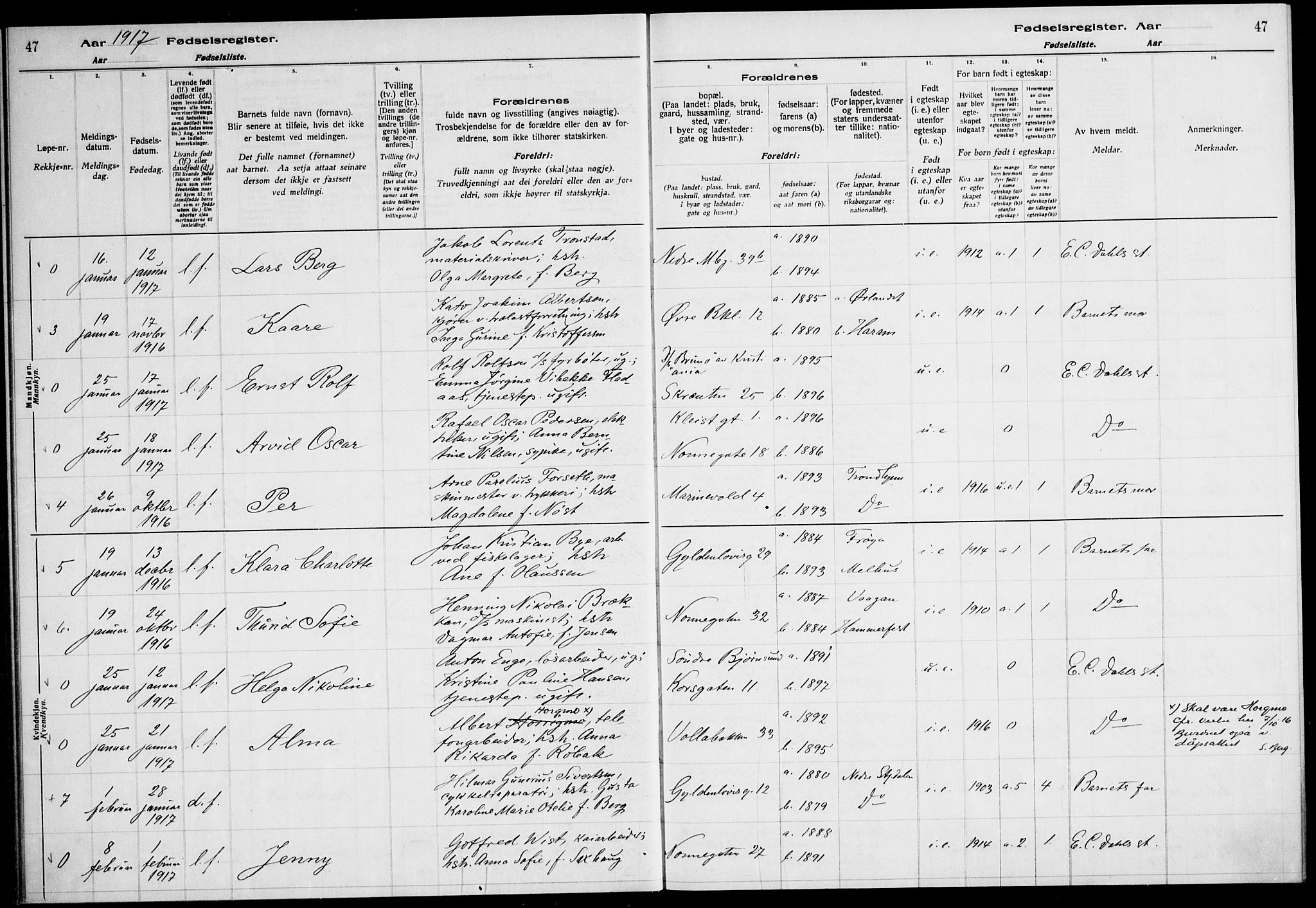 Ministerialprotokoller, klokkerbøker og fødselsregistre - Sør-Trøndelag, SAT/A-1456/604/L0232: Birth register no. 604.II.4.1, 1916-1920, p. 47