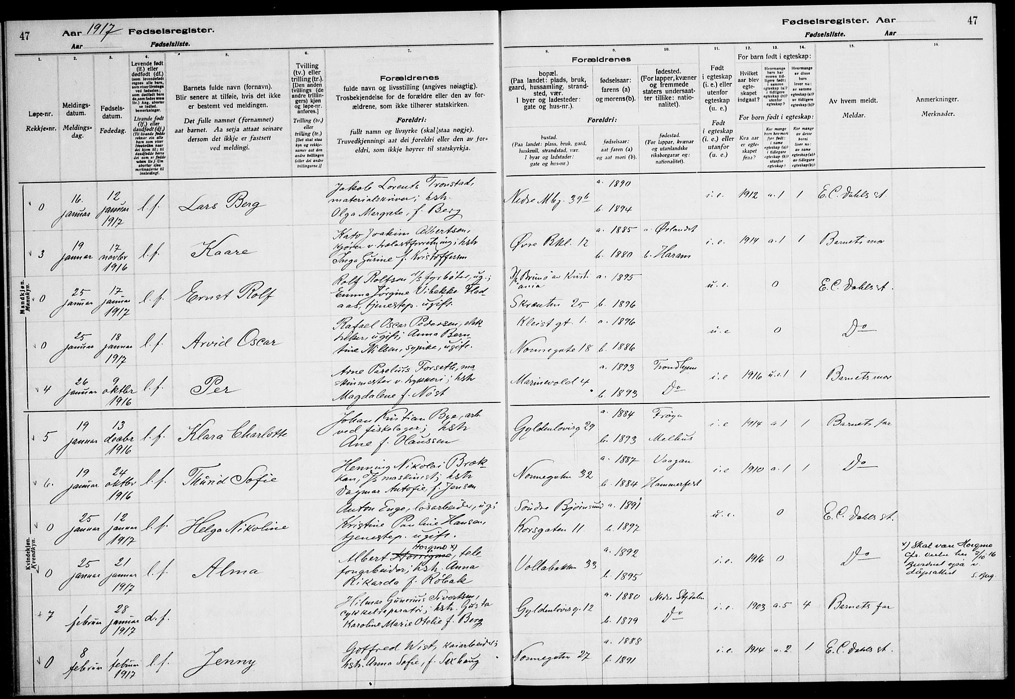 Ministerialprotokoller, klokkerbøker og fødselsregistre - Sør-Trøndelag, AV/SAT-A-1456/604/L0232: Birth register no. 604.II.4.1, 1916-1920, p. 47