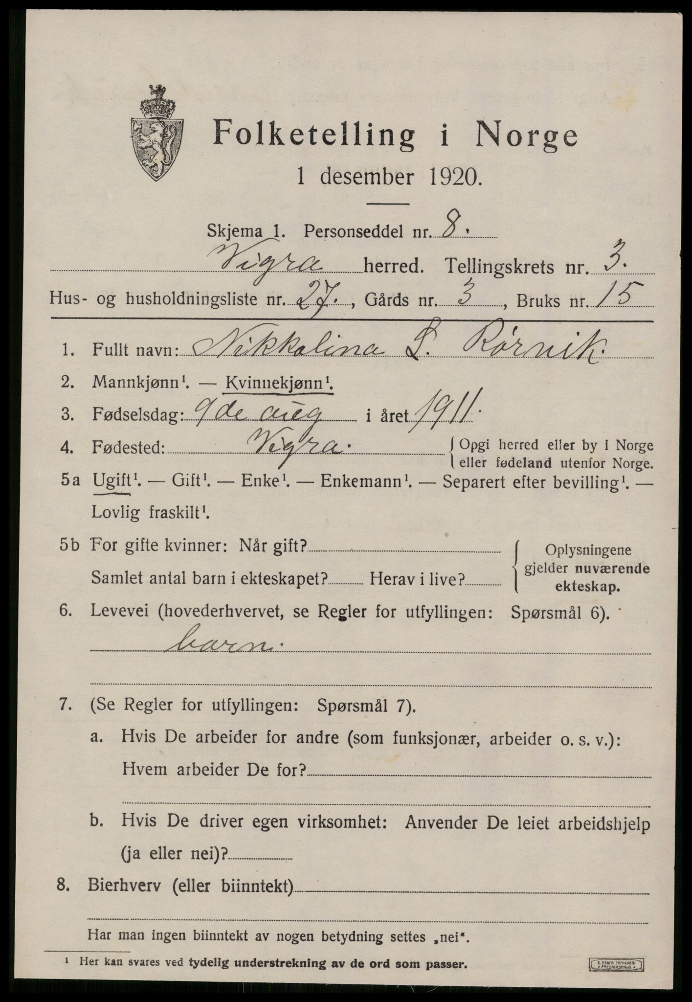 SAT, 1920 census for Vigra, 1920, p. 1736