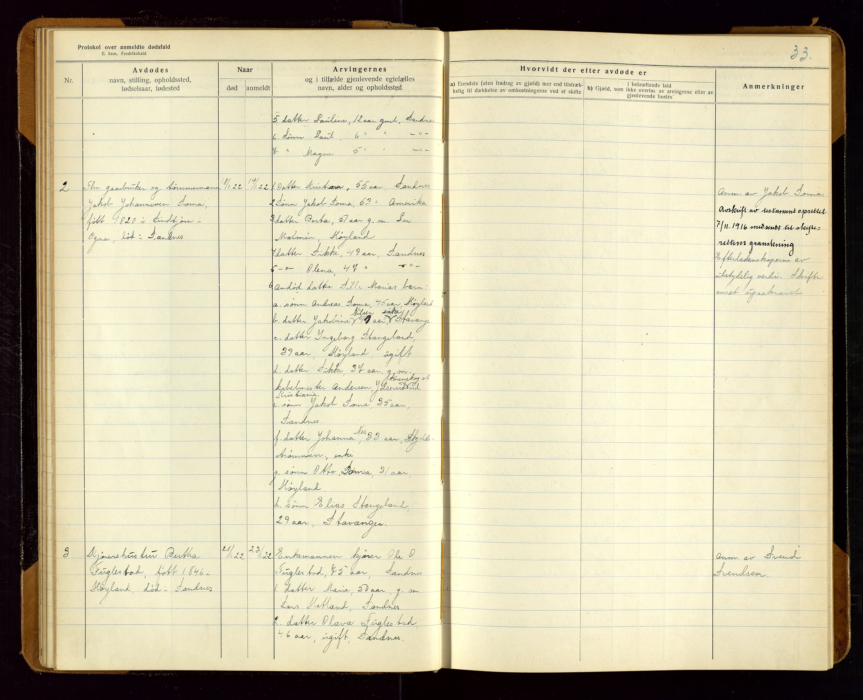 Sandnes lensmannskontor, SAST/A-100167/Gga/L0001: "Protokol over anmeldte dødsfald" m/register, 1918-1940, p. 33