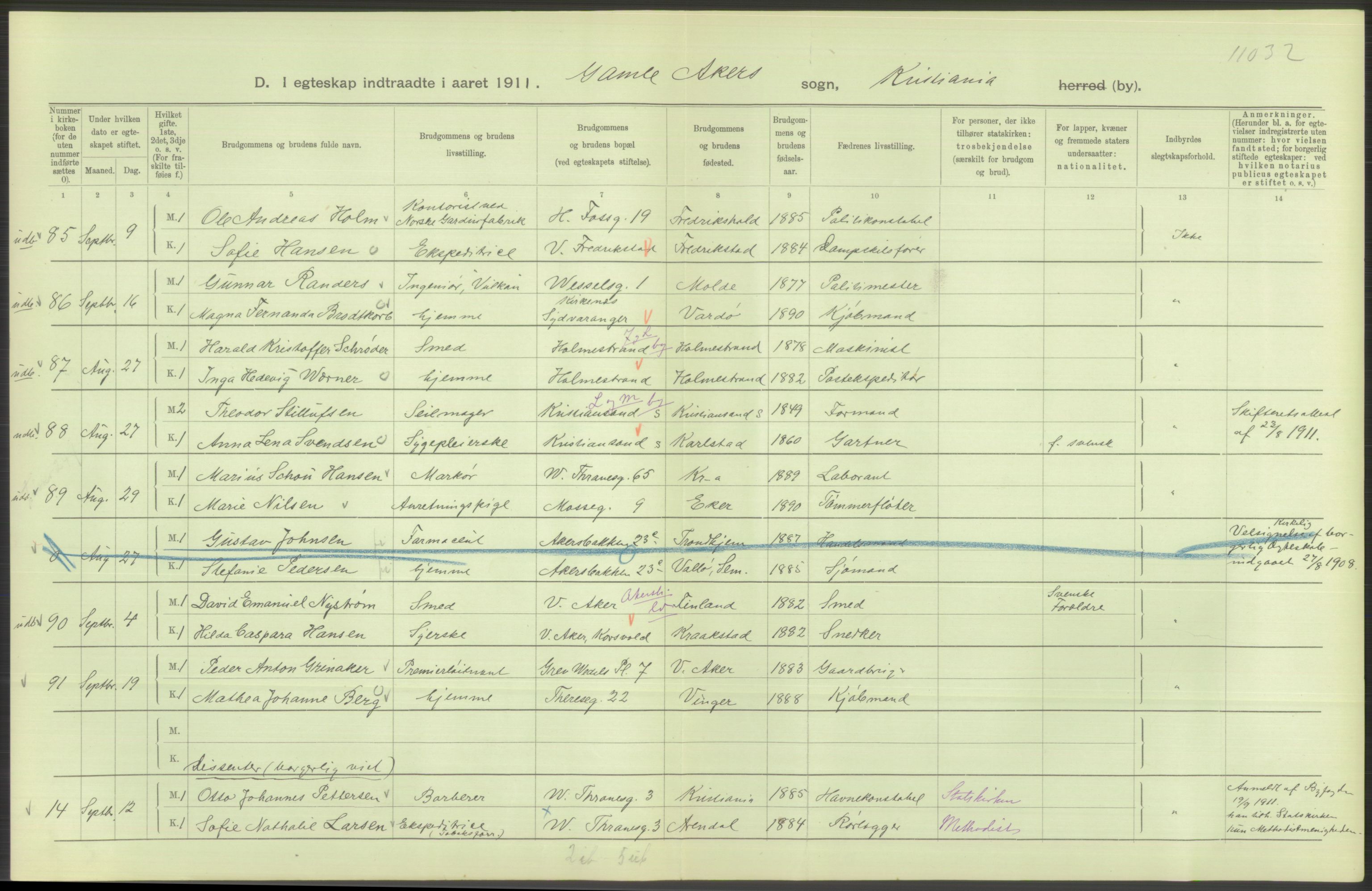 Statistisk sentralbyrå, Sosiodemografiske emner, Befolkning, AV/RA-S-2228/D/Df/Dfb/Dfba/L0008: Kristiania: Gifte, 1911, p. 642