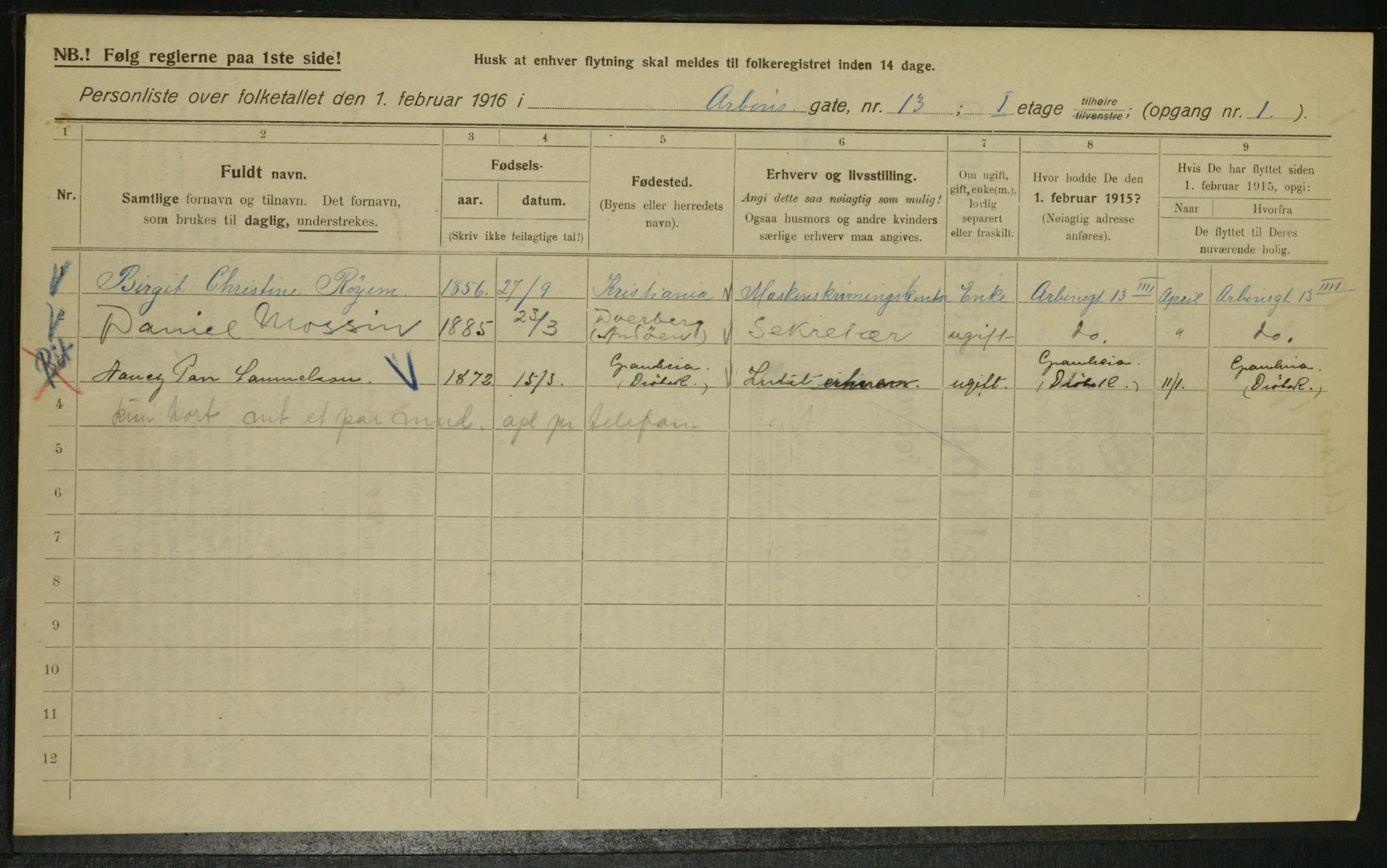 OBA, Municipal Census 1916 for Kristiania, 1916, p. 1663