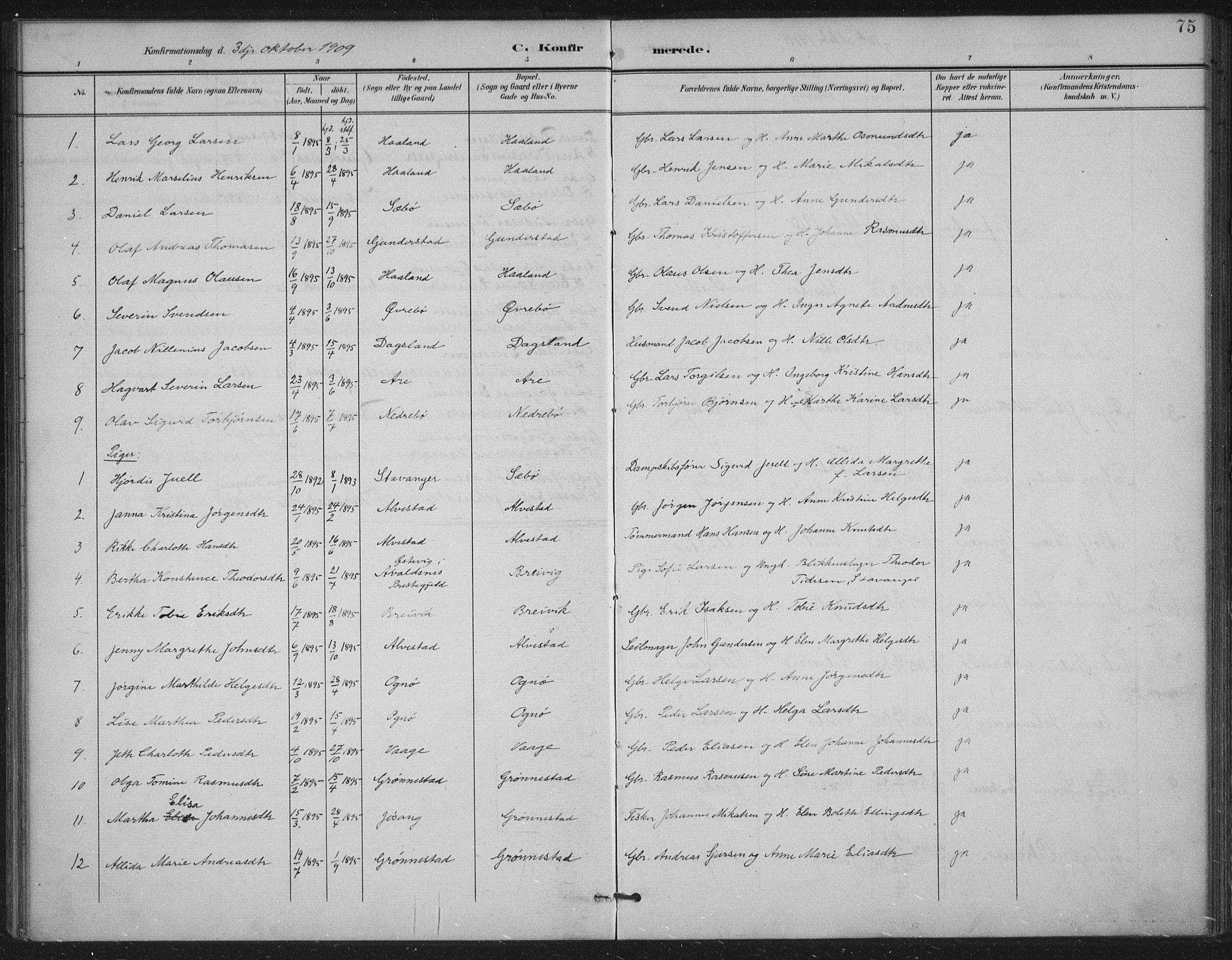 Tysvær sokneprestkontor, AV/SAST-A -101864/H/Ha/Haa/L0009: Parish register (official) no. A 9, 1898-1925, p. 75