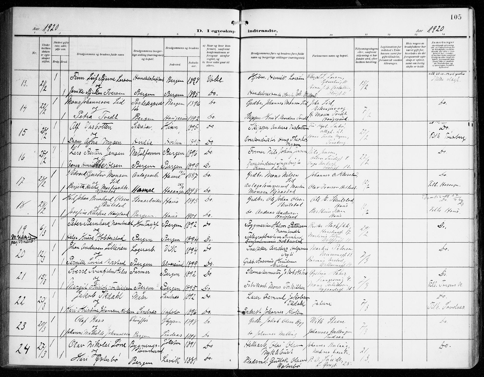 Johanneskirken sokneprestembete, SAB/A-76001/H/Haa/L0013: Parish register (official) no. D 2, 1912-1929, p. 105