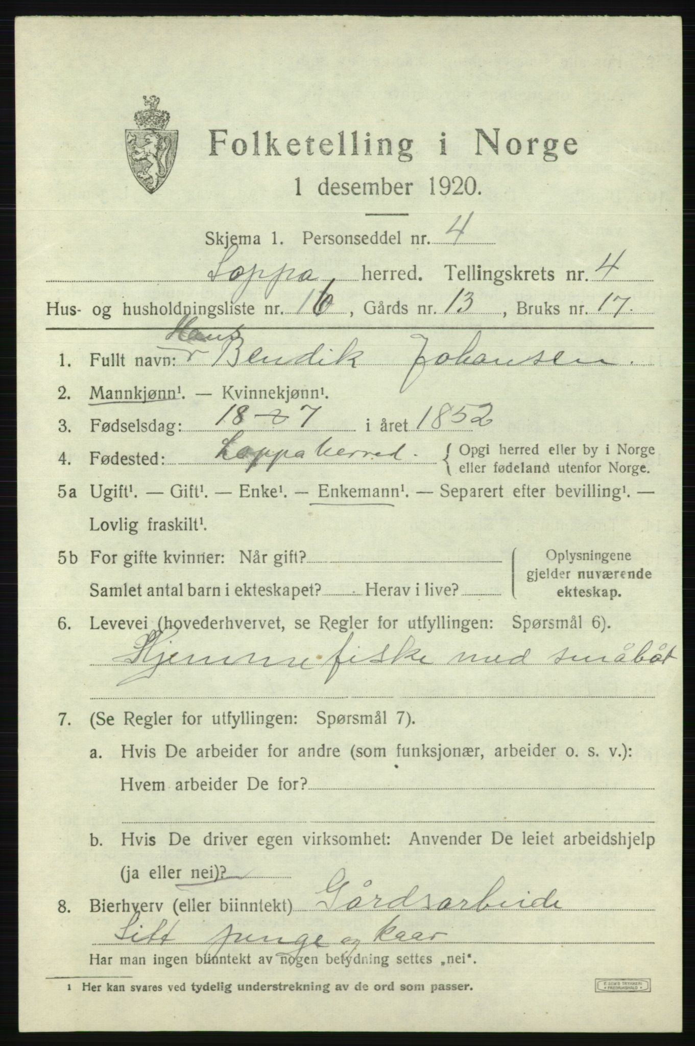 SATØ, 1920 census for Loppa, 1920, p. 1488