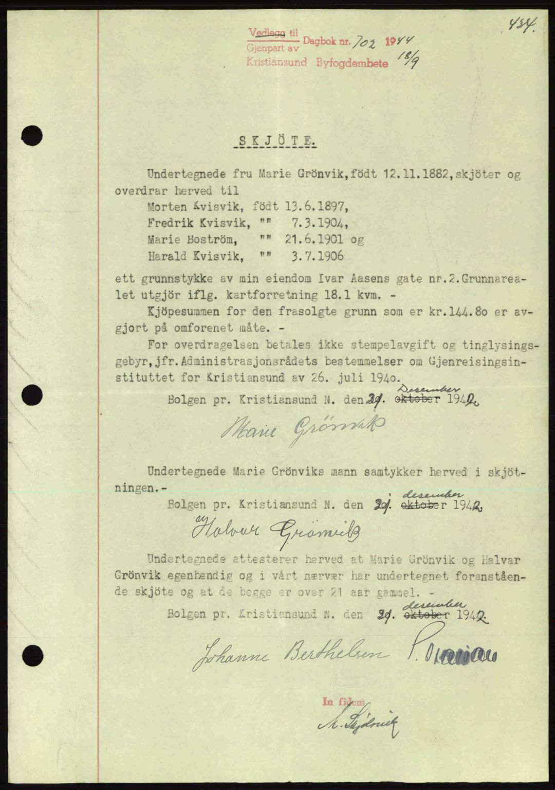 Kristiansund byfogd, AV/SAT-A-4587/A/27: Mortgage book no. 34, 1941-1945, Diary no: : 702/1944