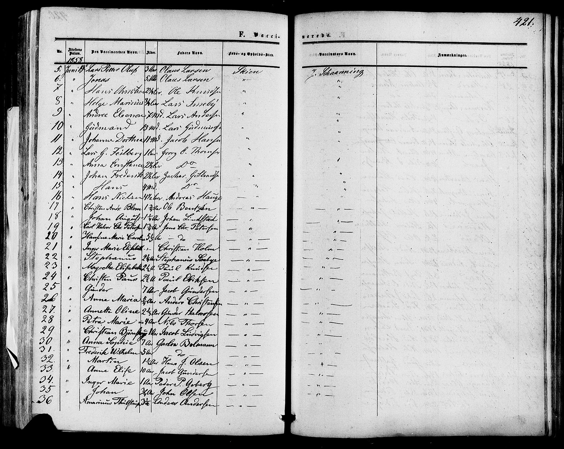 Skien kirkebøker, SAKO/A-302/F/Fa/L0007: Parish register (official) no. 7, 1856-1865, p. 421