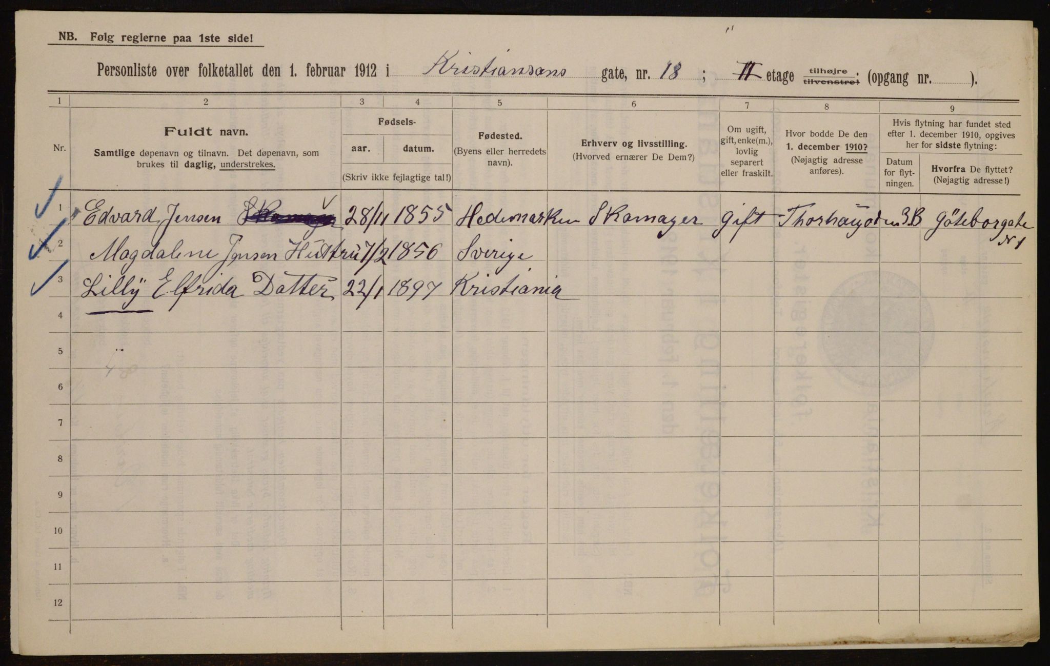 OBA, Municipal Census 1912 for Kristiania, 1912, p. 54729