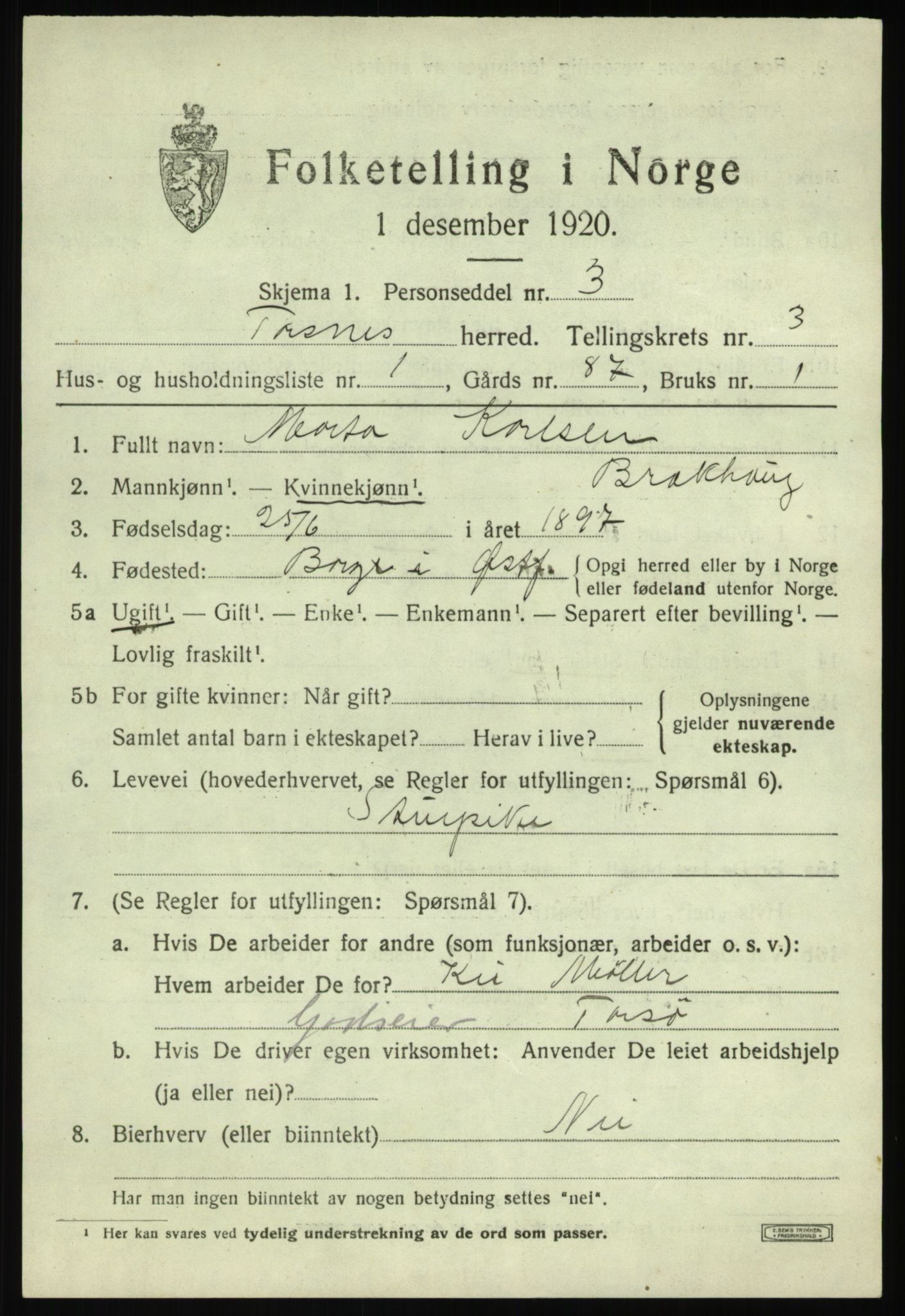 SAO, 1920 census for Torsnes, 1920, p. 2743