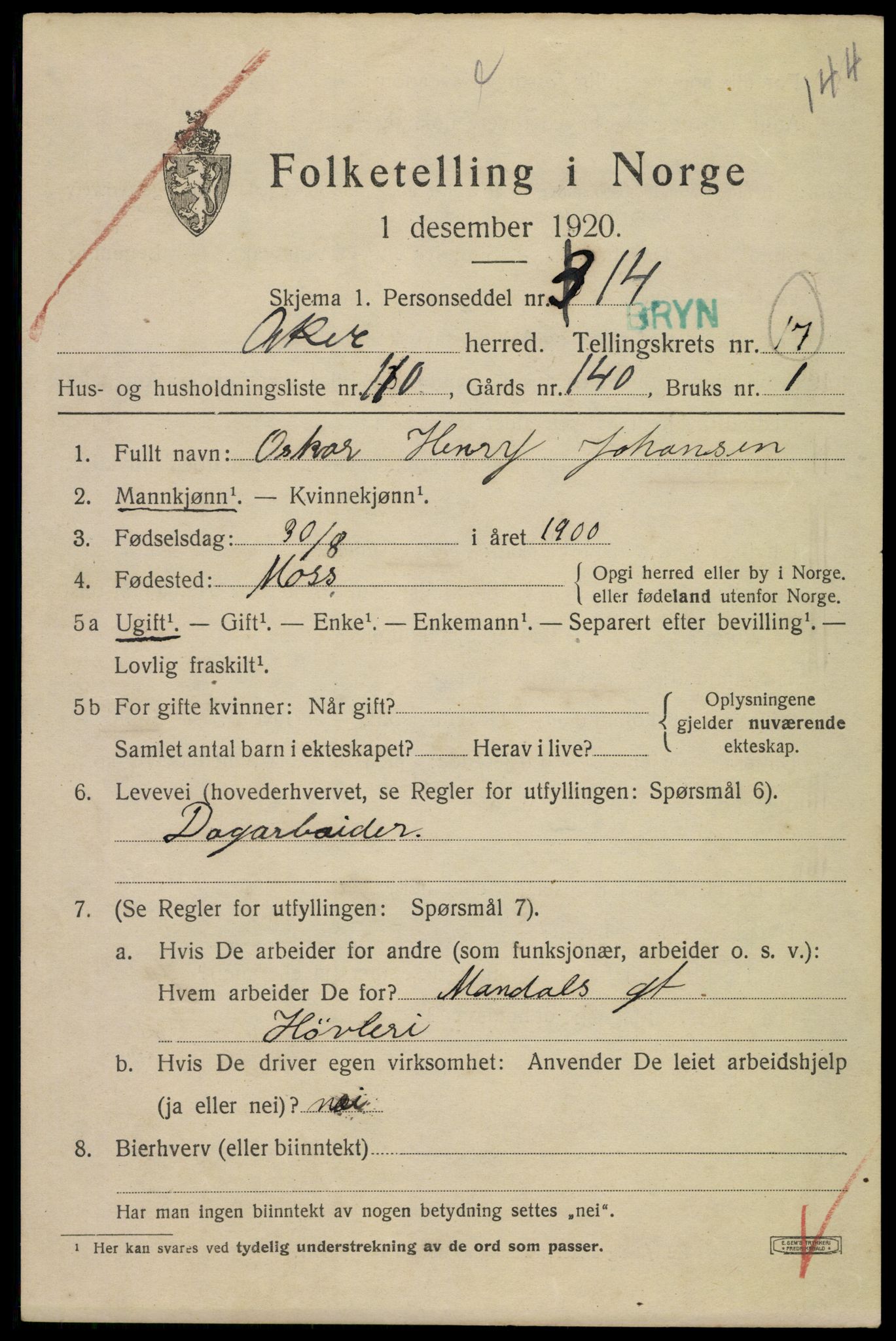 SAO, 1920 census for Aker, 1920, p. 104854