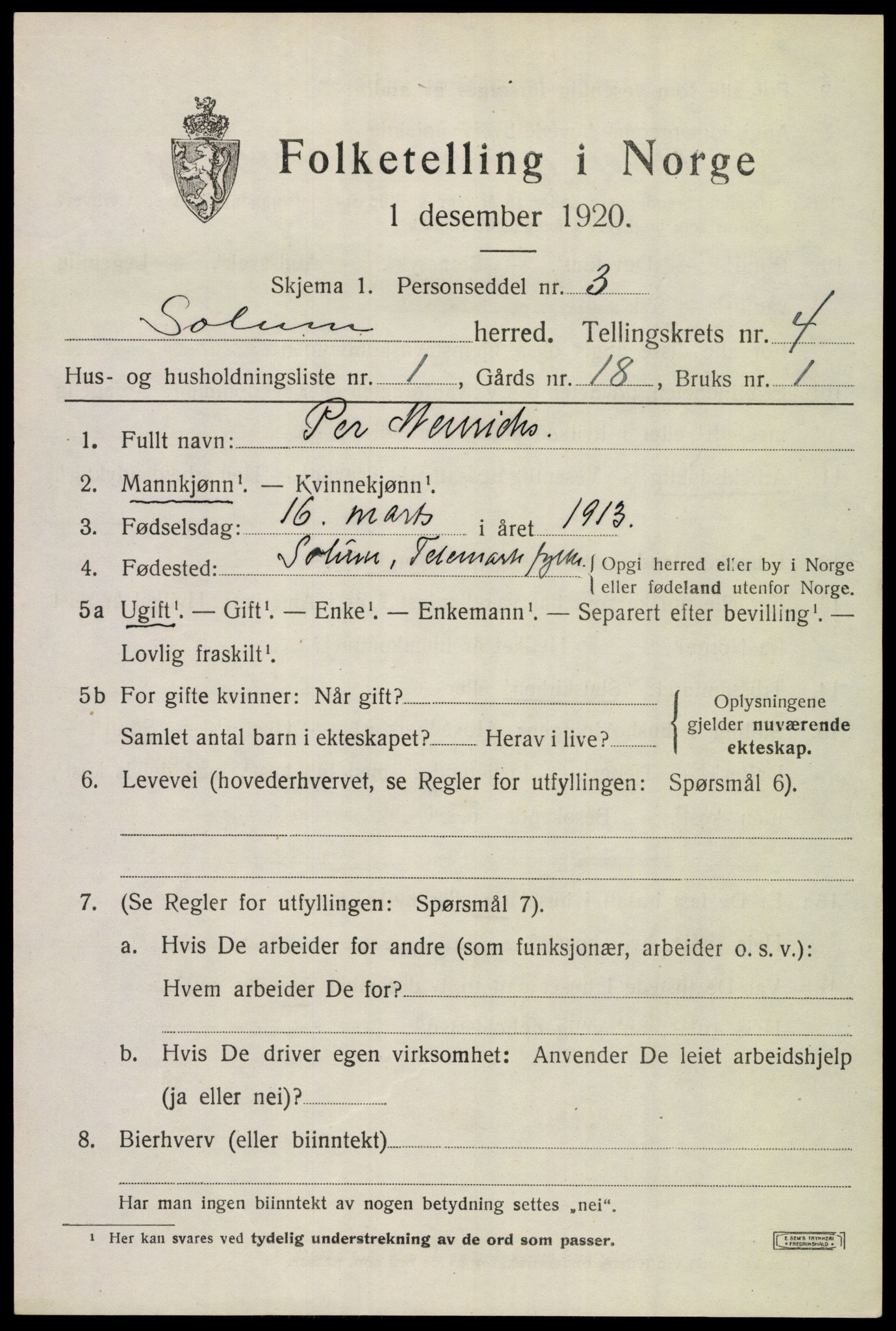 SAKO, 1920 census for Solum, 1920, p. 8178