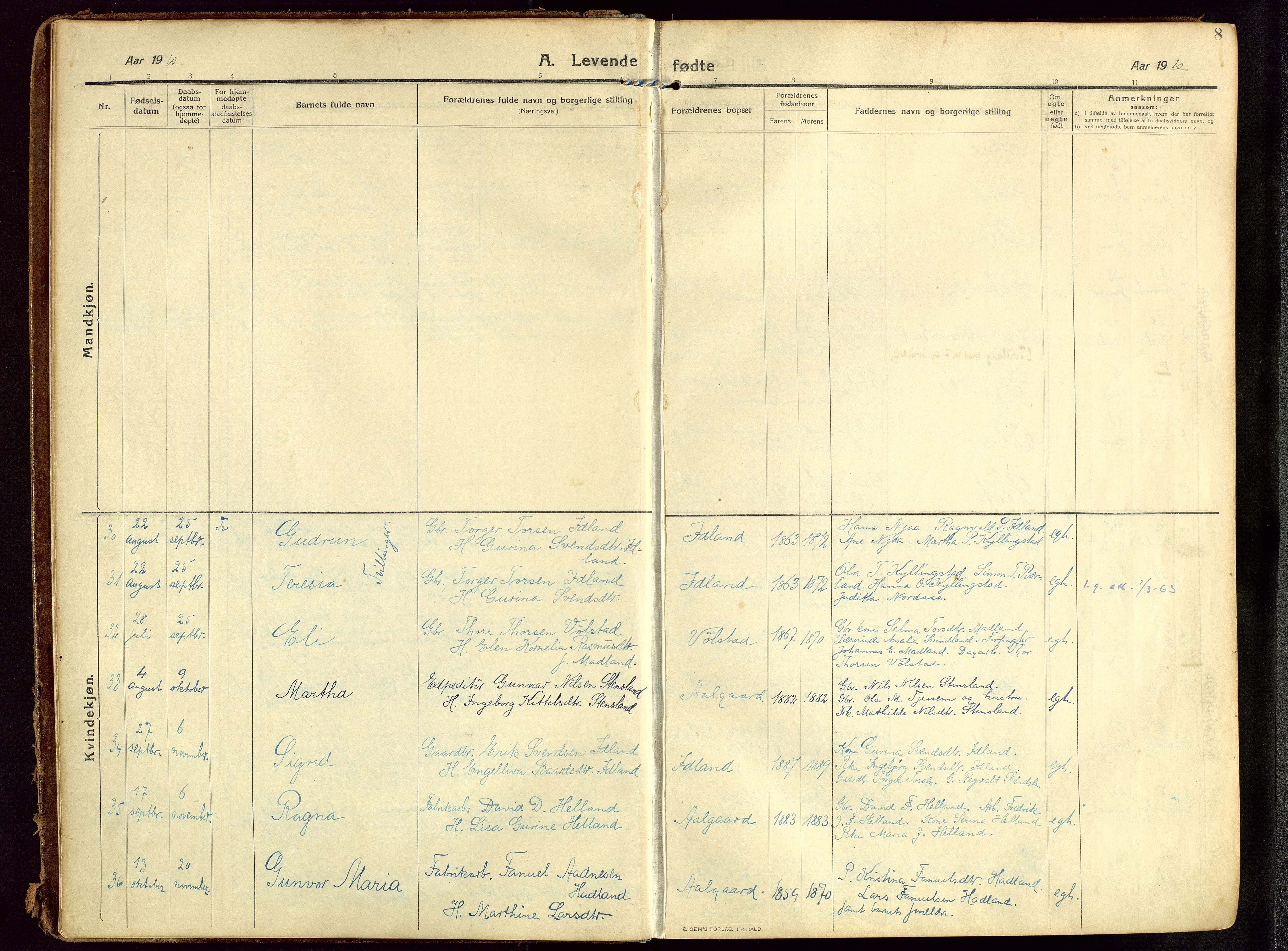 Lye sokneprestkontor, AV/SAST-A-101794/002/B/L0001: Parish register (official) no. A 13, 1910-1925, p. 8