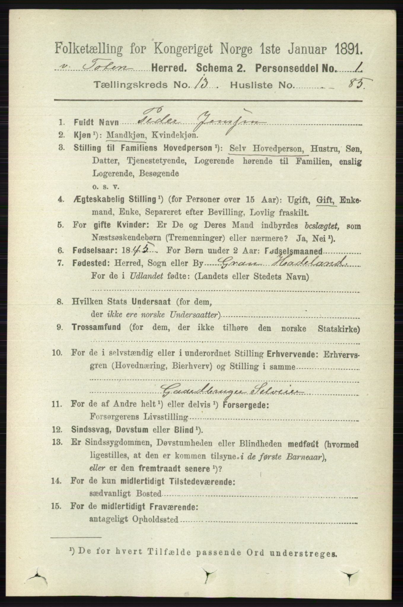 RA, 1891 census for 0529 Vestre Toten, 1891, p. 8268