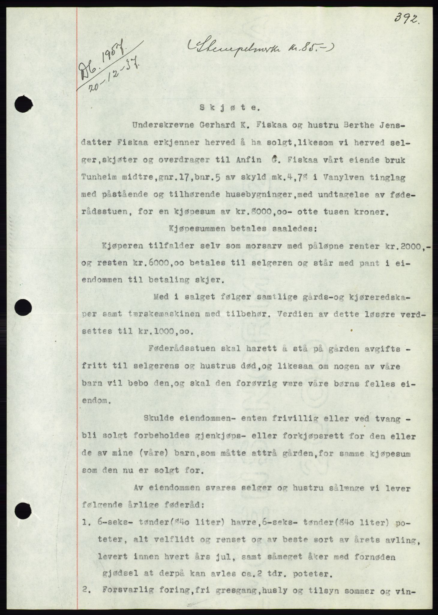 Søre Sunnmøre sorenskriveri, AV/SAT-A-4122/1/2/2C/L0064: Mortgage book no. 58, 1937-1938, Diary no: : 1957/1937