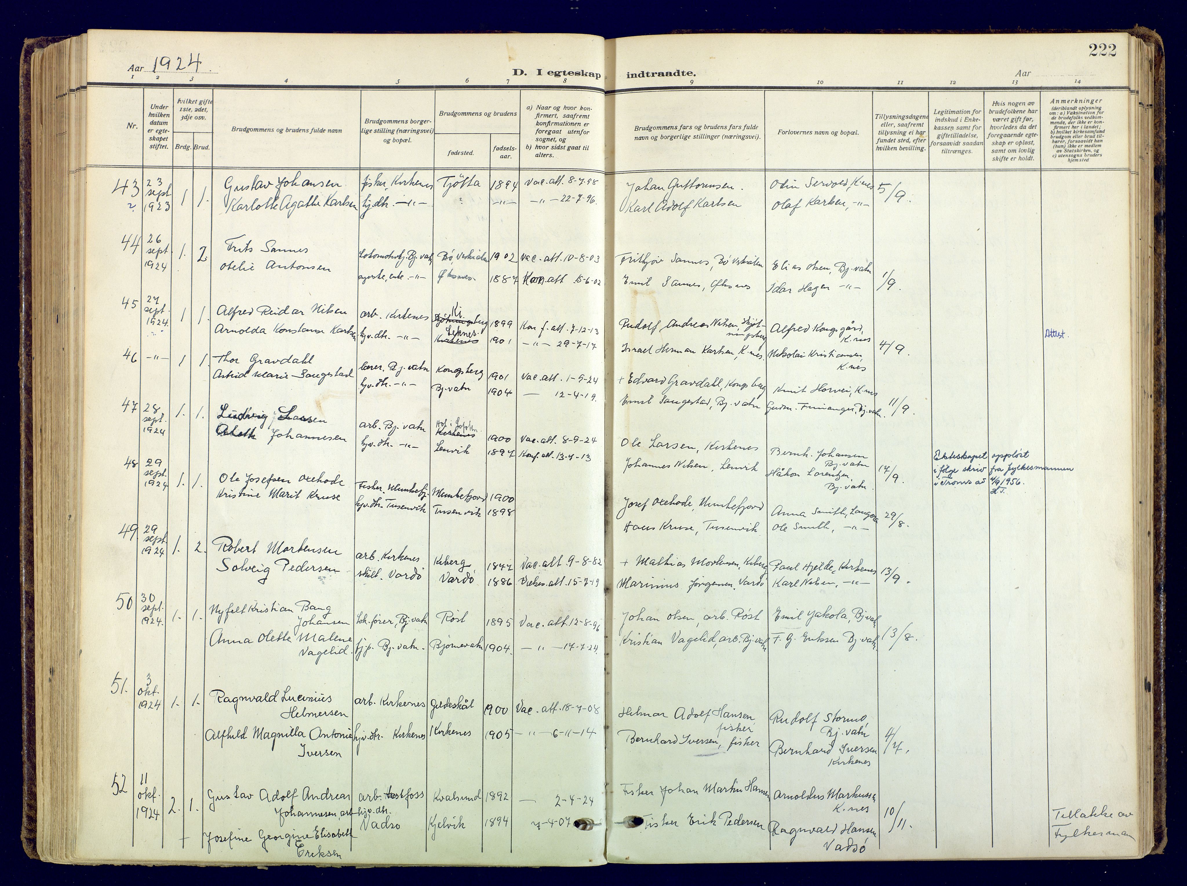 Sør-Varanger sokneprestkontor, AV/SATØ-S-1331/H/Ha/L0006kirke: Parish register (official) no. 6, 1919-1927, p. 222