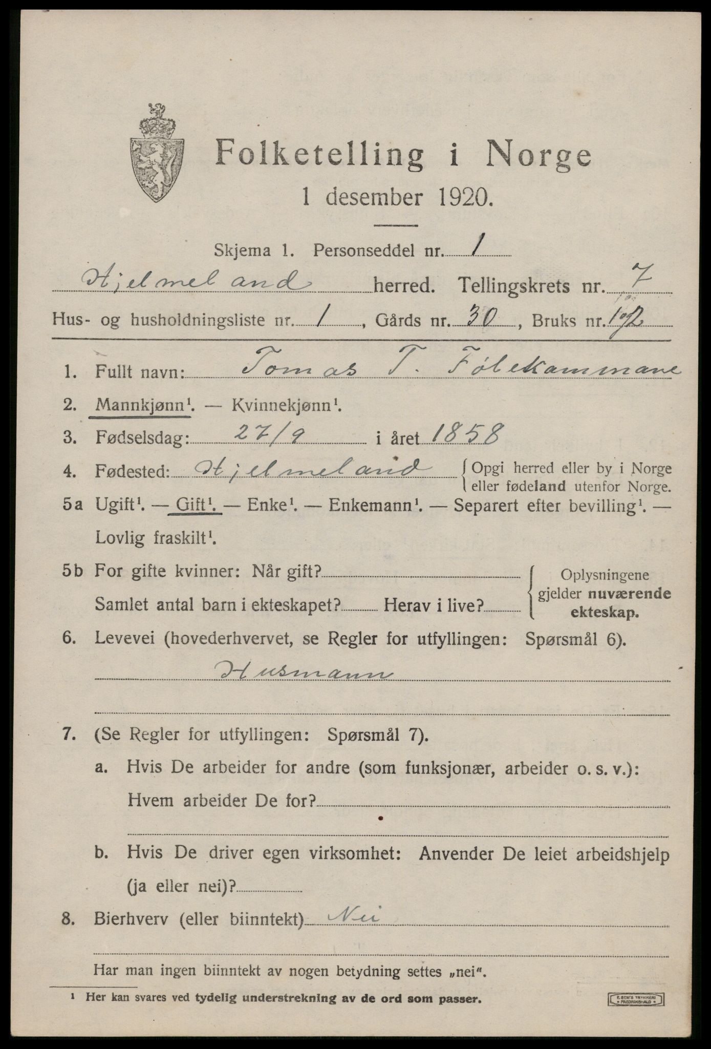 SAST, 1920 census for Hjelmeland, 1920, p. 2255