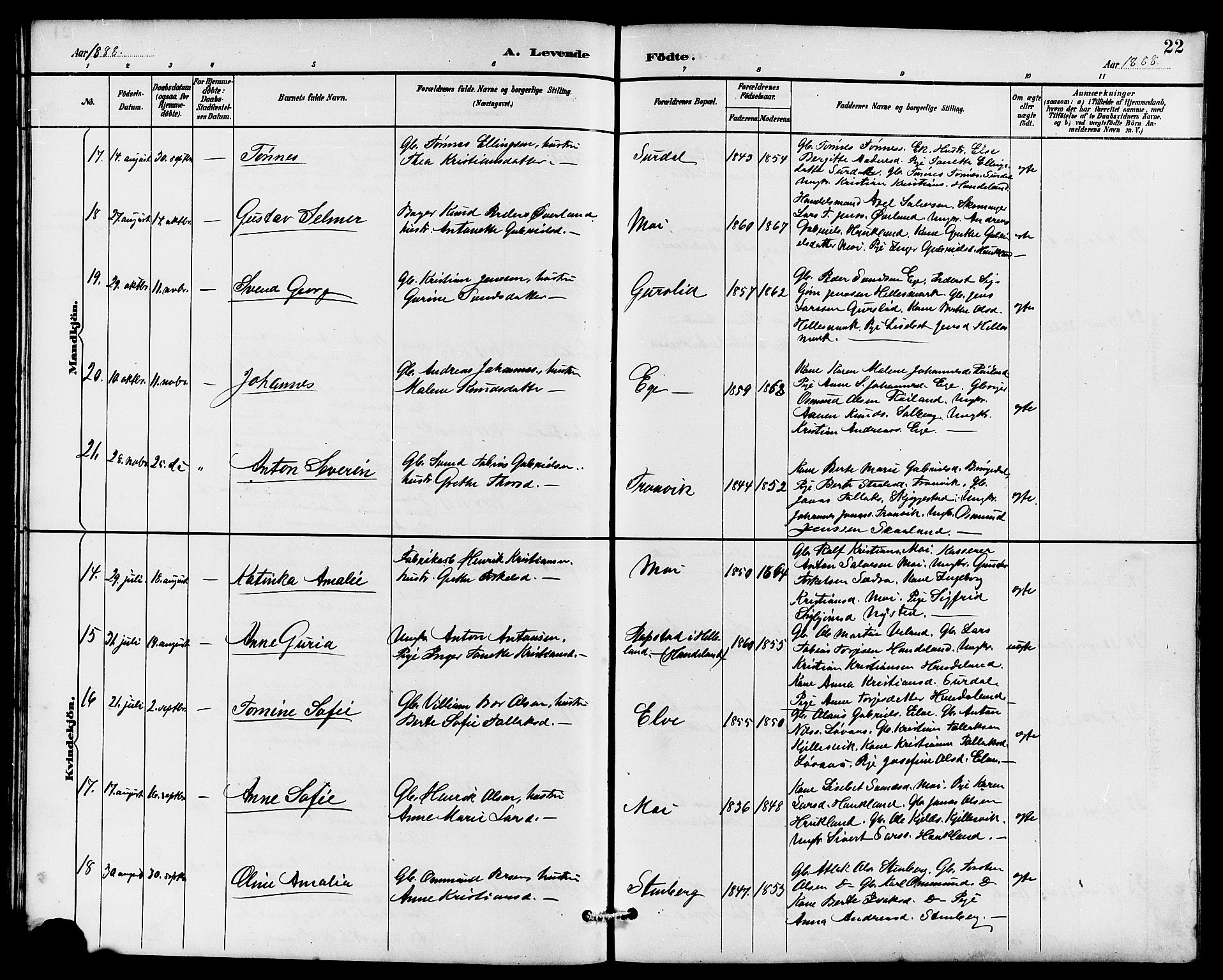 Lund sokneprestkontor, AV/SAST-A-101809/S07/L0006: Parish register (copy) no. B 6, 1885-1901, p. 22