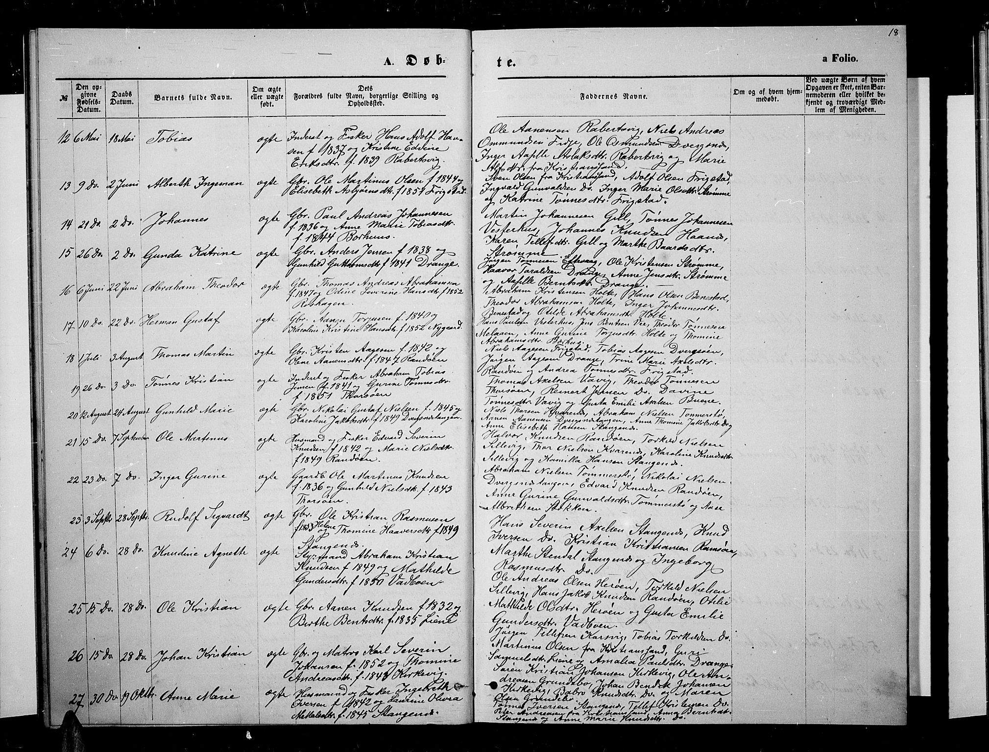 Oddernes sokneprestkontor, AV/SAK-1111-0033/F/Fb/Fbb/L0001: Parish register (copy) no. B 1, 1871-1888, p. 18