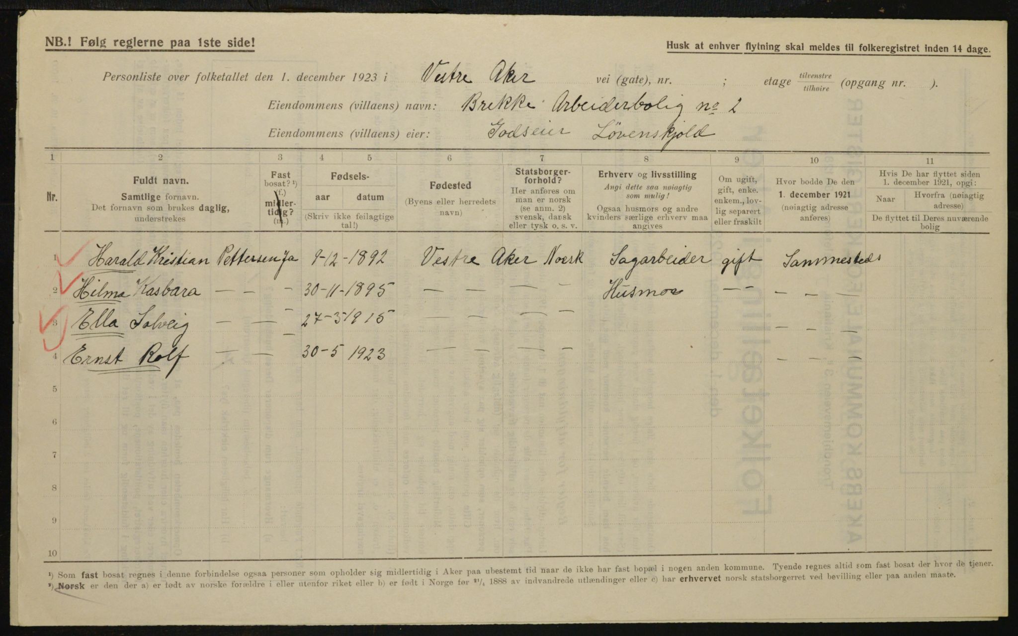 , Municipal Census 1923 for Aker, 1923, p. 13214