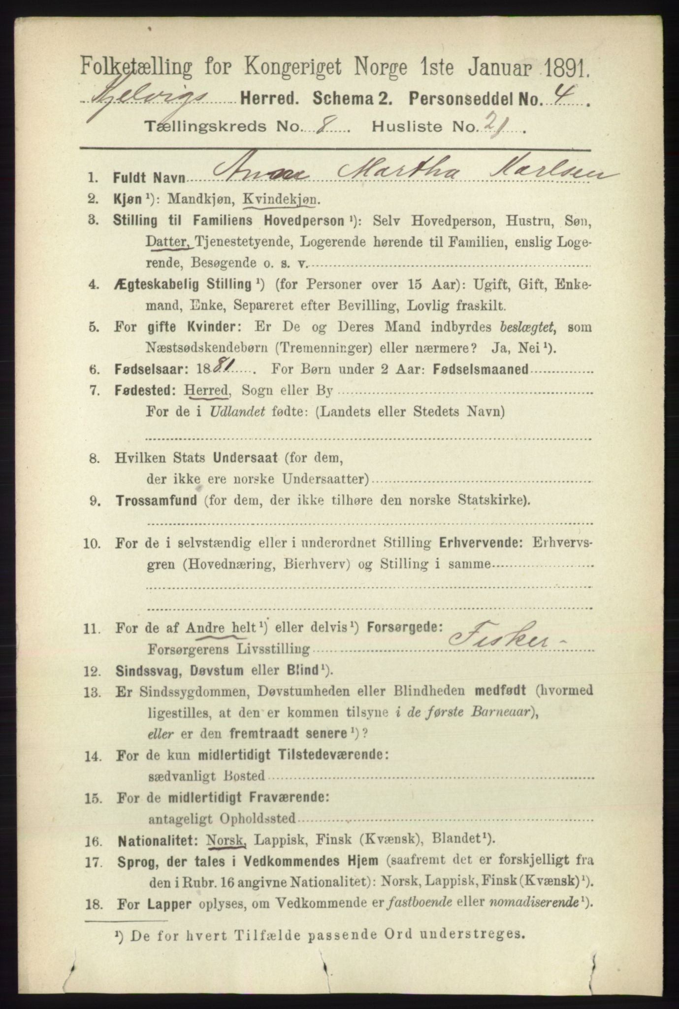 RA, 1891 census for 2019 Kjelvik, 1891, p. 1386