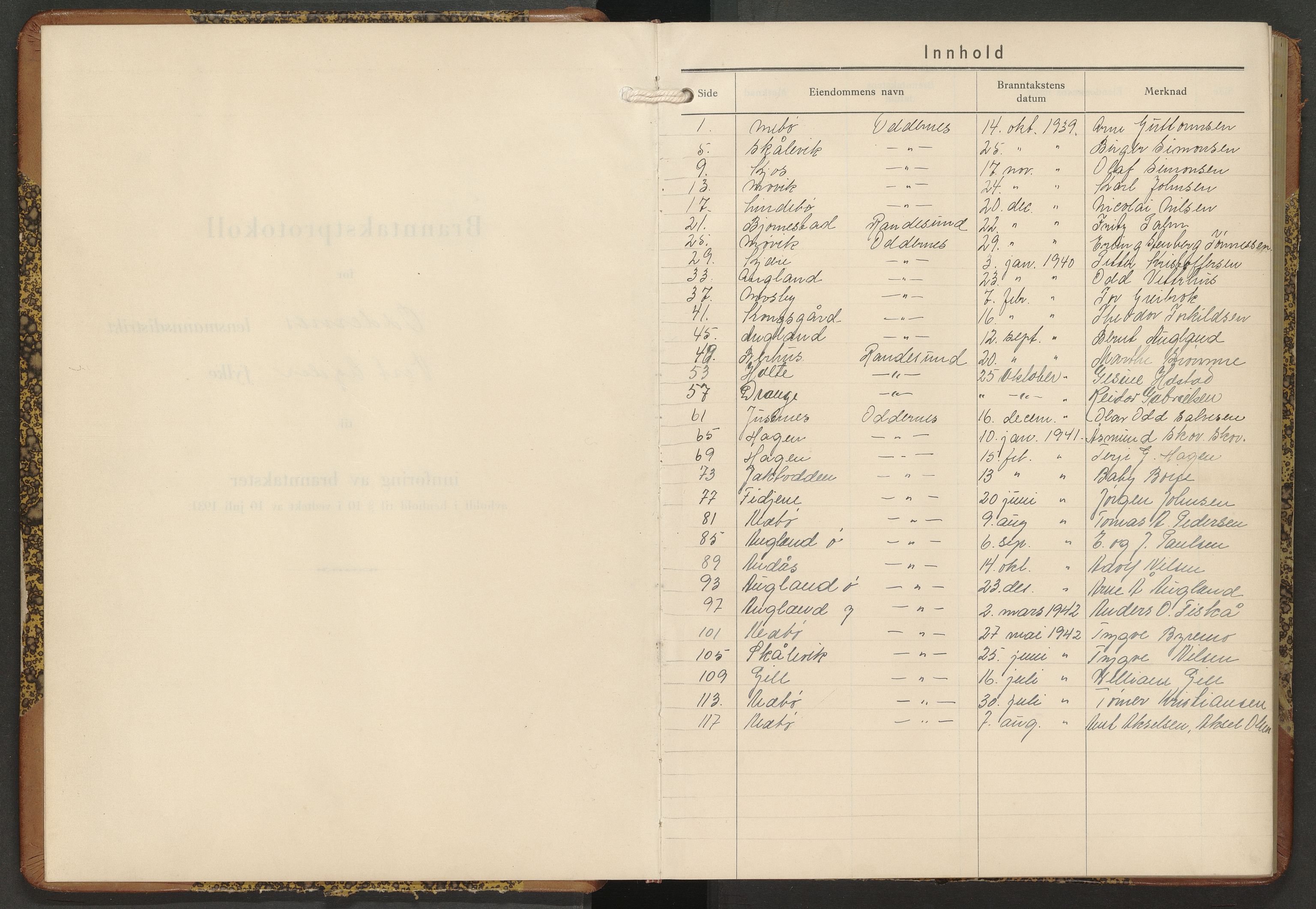 Norges Brannkasse Oddernes, AV/SAK-2241-0042/F/Fa/L0029: Branntakstprotokoll nr. 29, 1938-1947