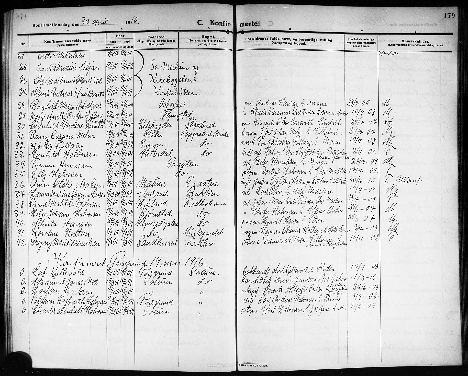 Solum kirkebøker, SAKO/A-306/G/Ga/L0009: Parish register (copy) no. I 9, 1909-1922, p. 179