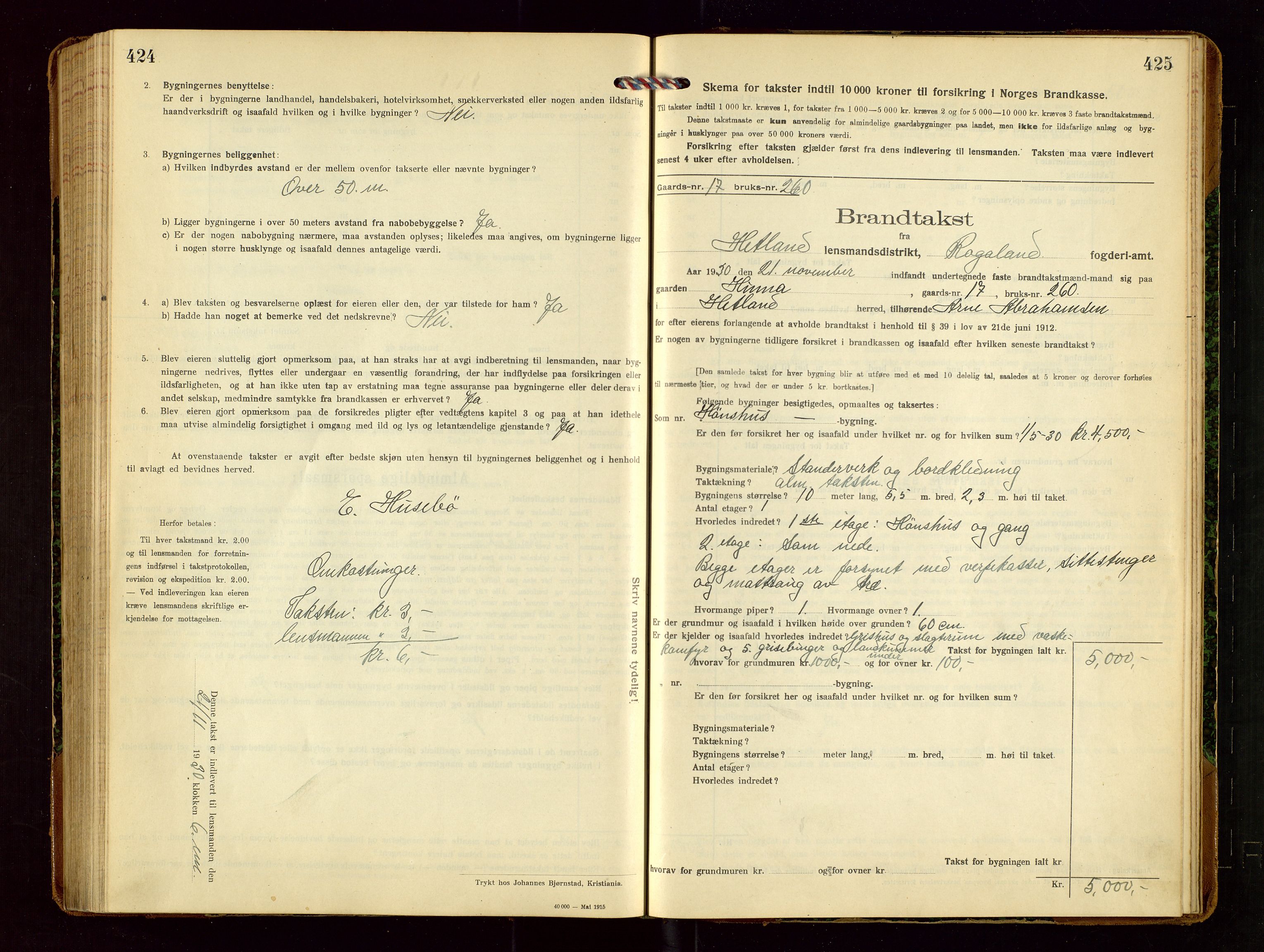Hetland lensmannskontor, SAST/A-100101/Gob/L0002: "Brandtakstprotokol", 1918-1932, p. 424-425