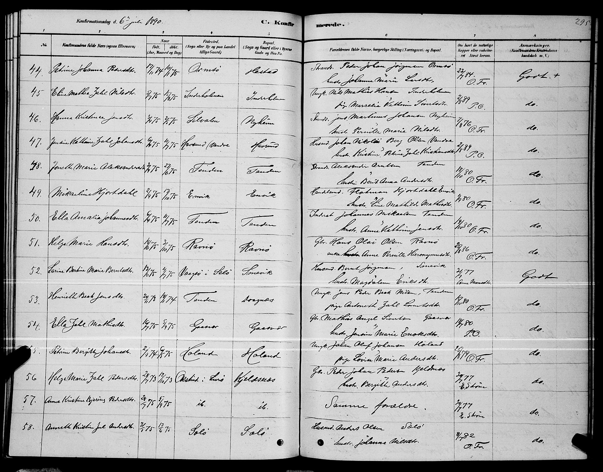 Ministerialprotokoller, klokkerbøker og fødselsregistre - Nordland, AV/SAT-A-1459/834/L0513: Parish register (copy) no. 834C04, 1877-1892, p. 295