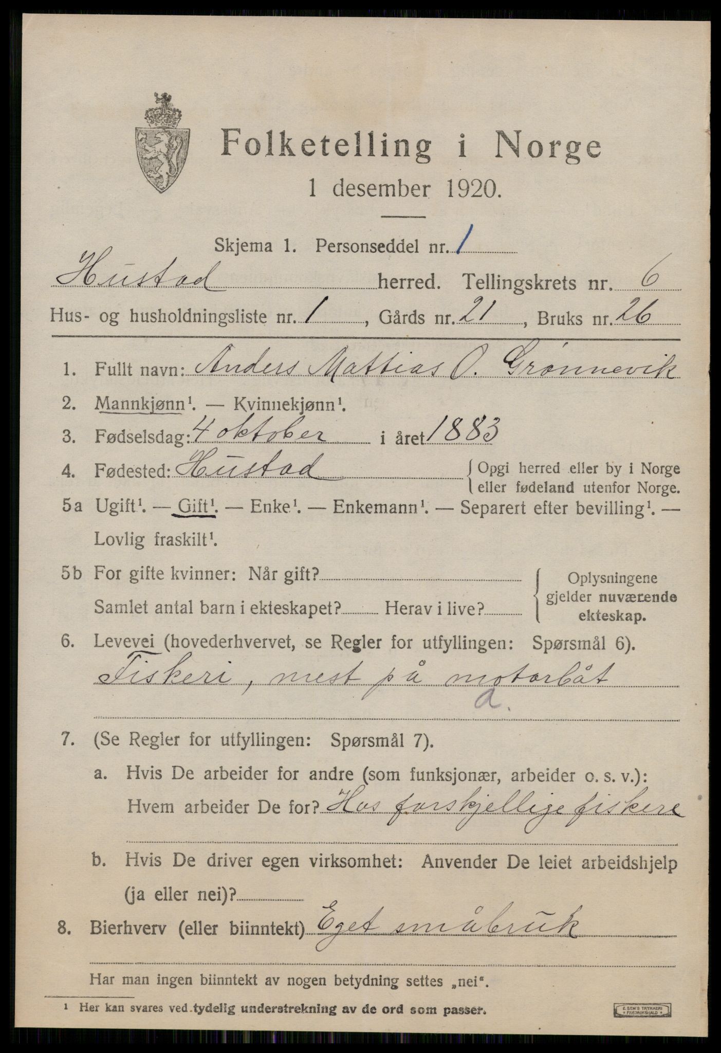 SAT, 1920 census for Hustad, 1920, p. 4165