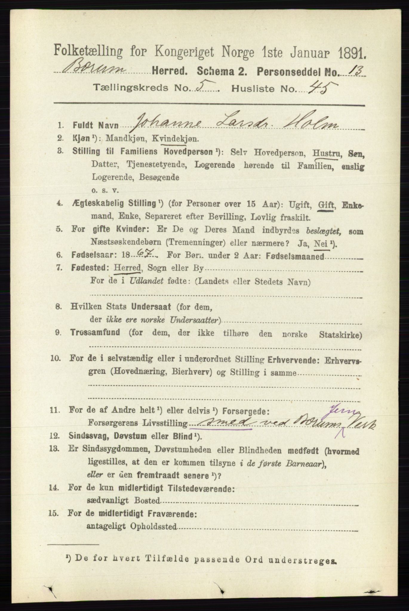 RA, 1891 census for 0219 Bærum, 1891, p. 3275