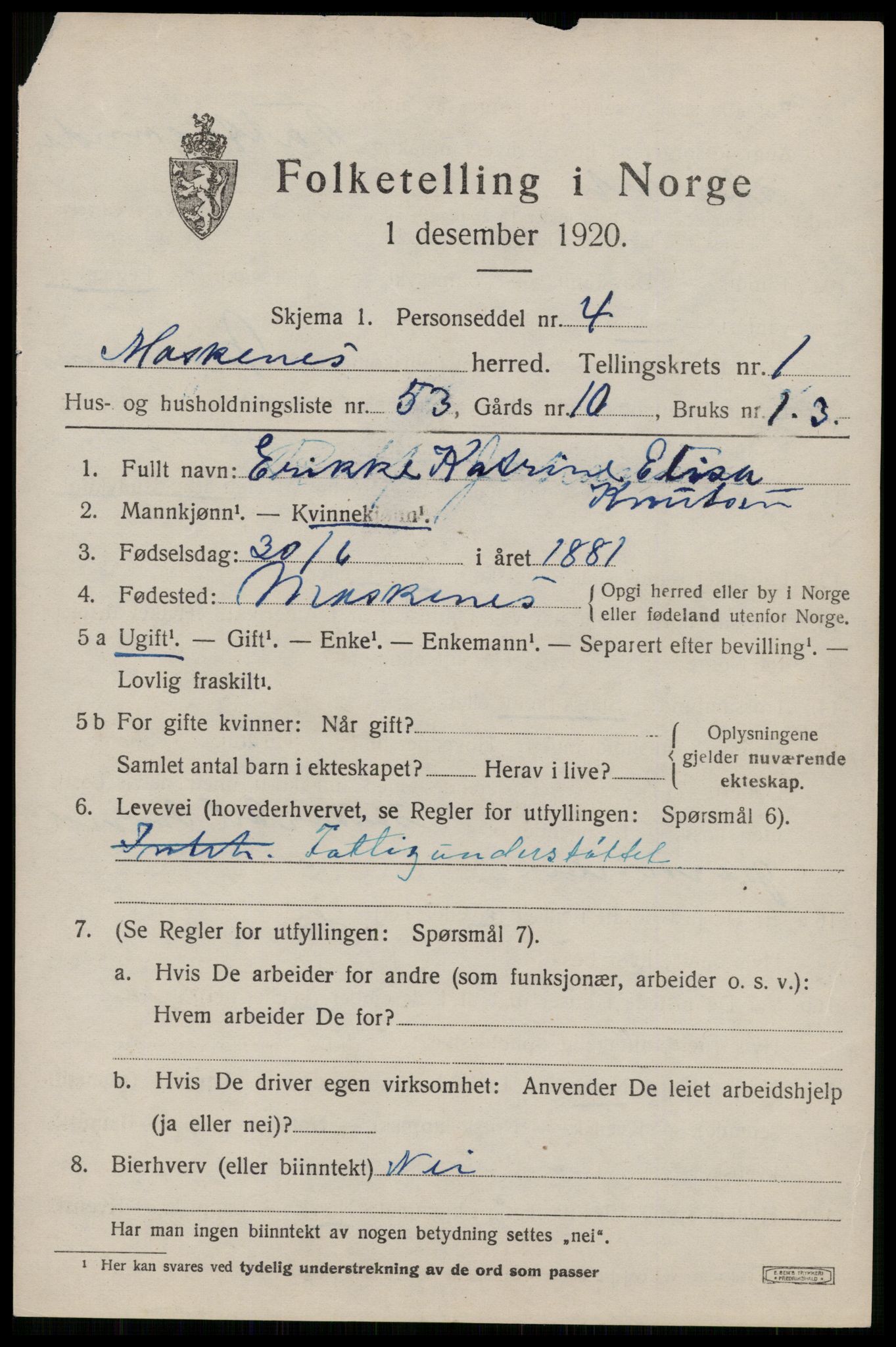 SAT, 1920 census for Moskenes, 1920, p. 1064