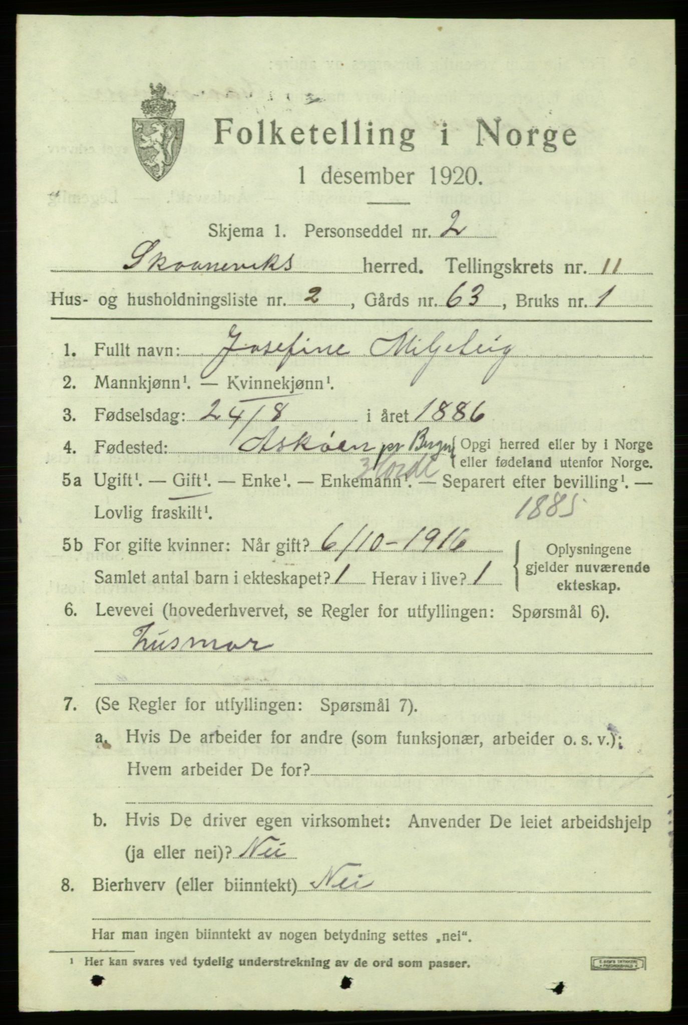 SAB, 1920 census for Skånevik, 1920, p. 5181