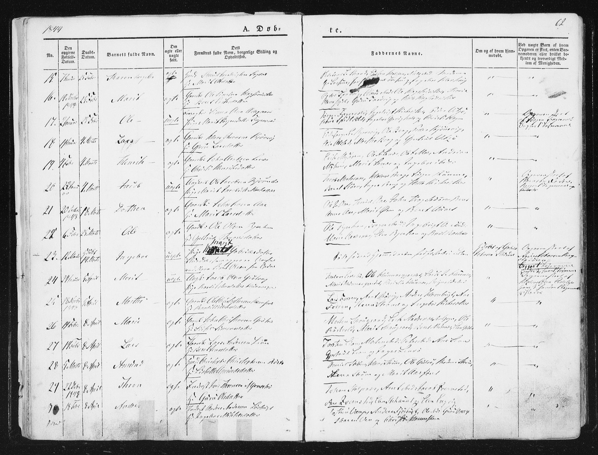 Ministerialprotokoller, klokkerbøker og fødselsregistre - Sør-Trøndelag, SAT/A-1456/630/L0493: Parish register (official) no. 630A06, 1841-1851, p. 62