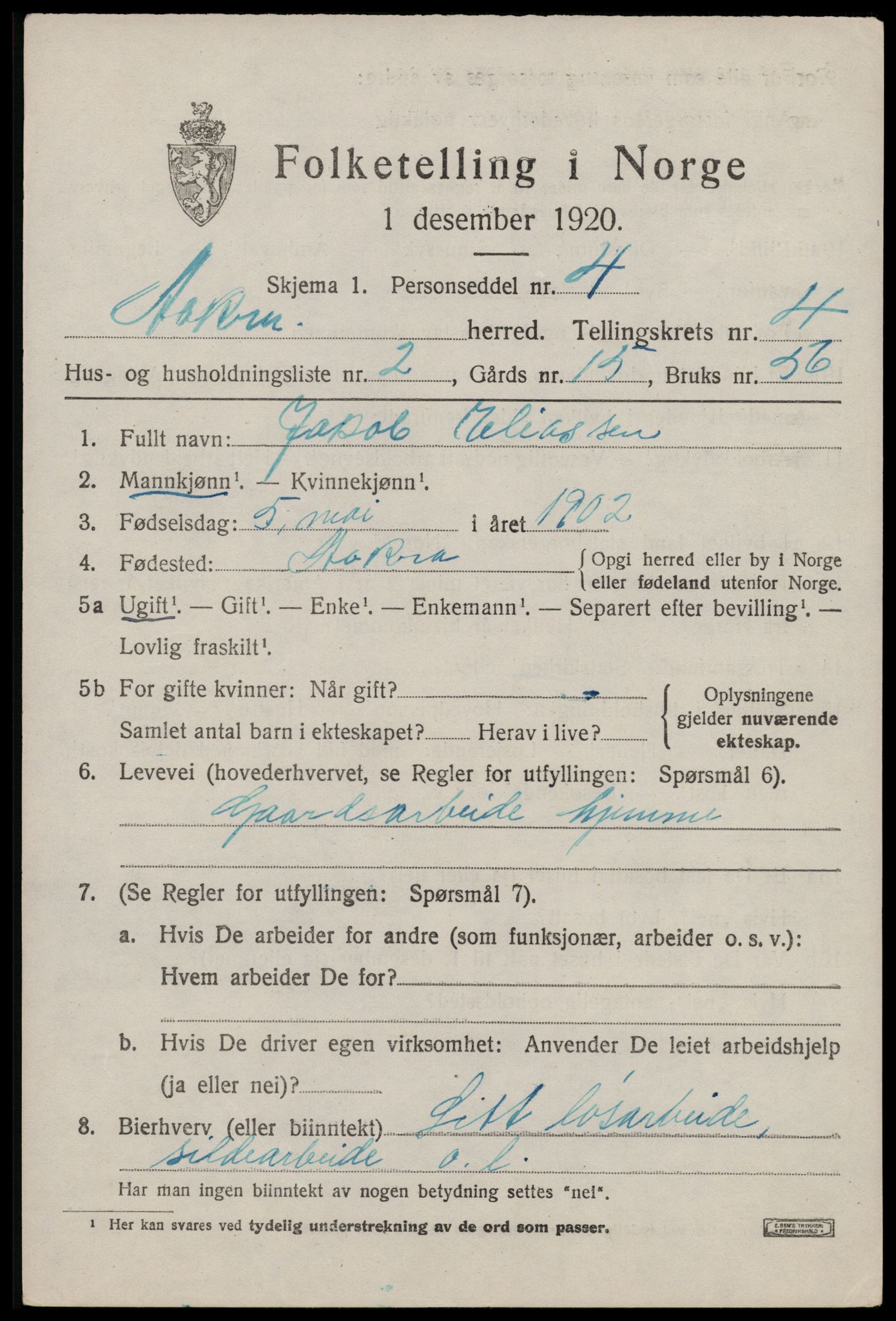 SAST, 1920 census for Åkra, 1920, p. 5894