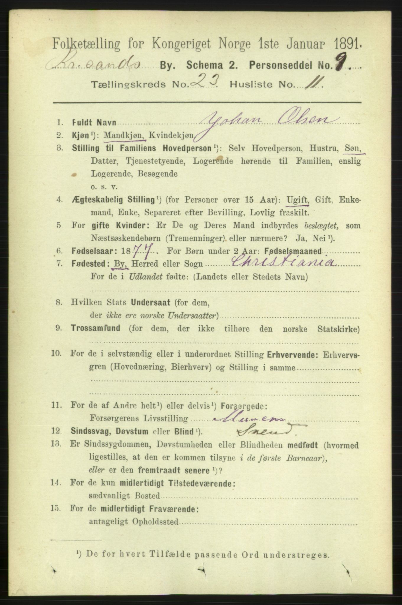 RA, 1891 census for 1001 Kristiansand, 1891, p. 8534