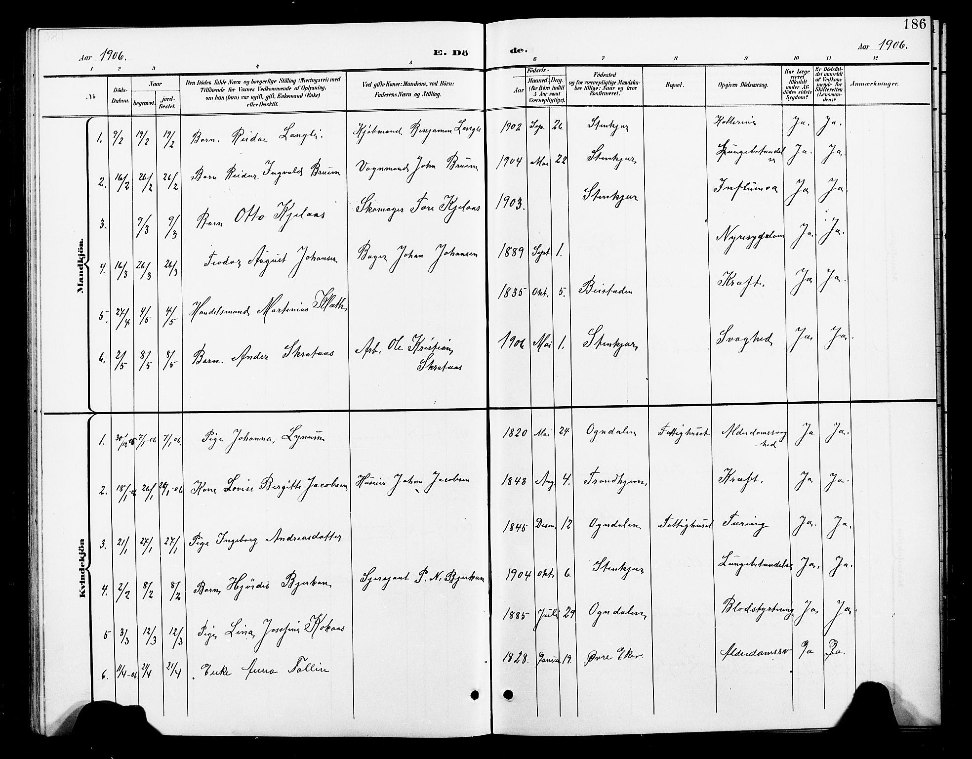 Ministerialprotokoller, klokkerbøker og fødselsregistre - Nord-Trøndelag, SAT/A-1458/739/L0375: Parish register (copy) no. 739C03, 1898-1908, p. 186