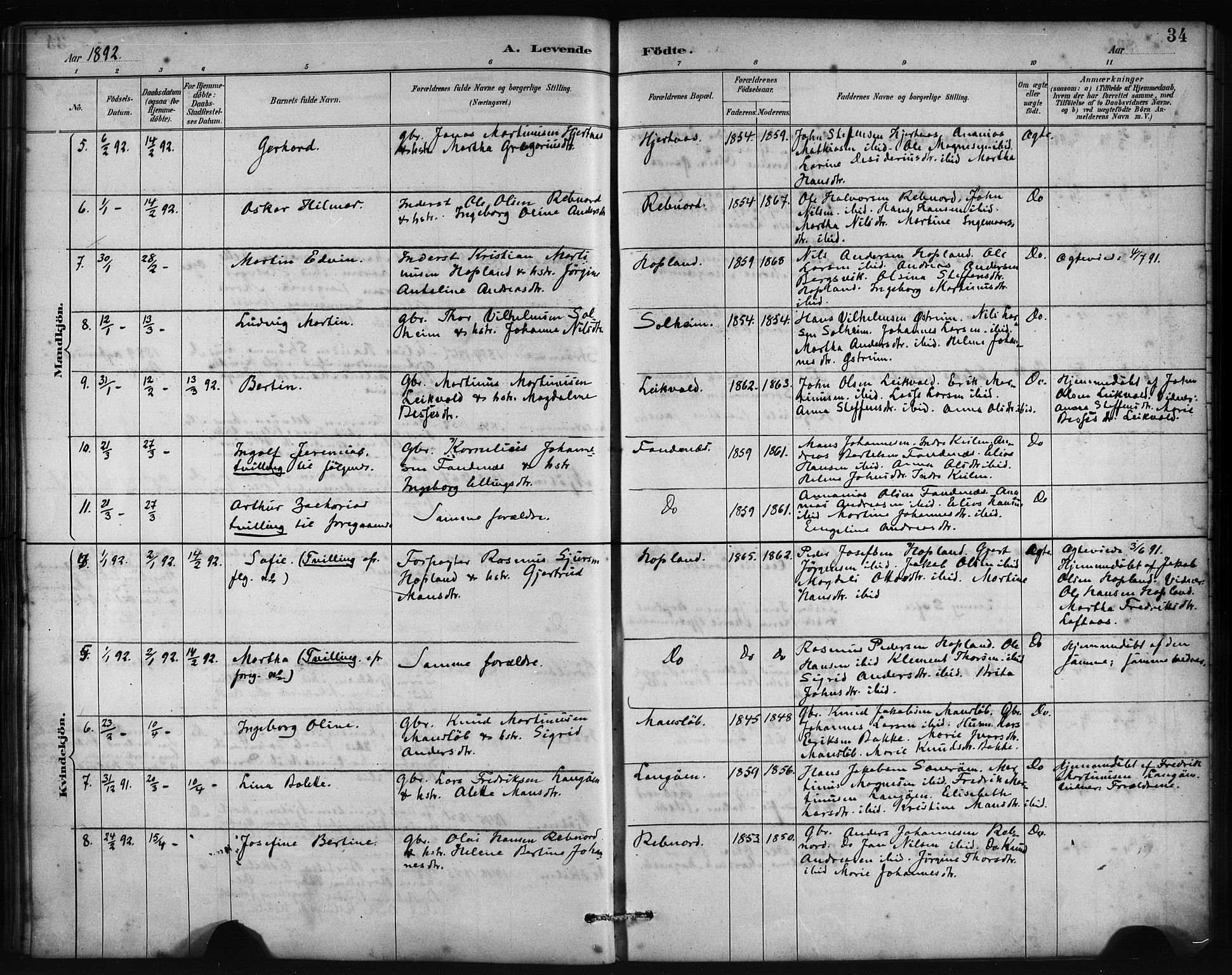 Lindås Sokneprestembete, AV/SAB-A-76701/H/Haa/Haac/L0001: Parish register (official) no. C 1, 1886-1896, p. 34