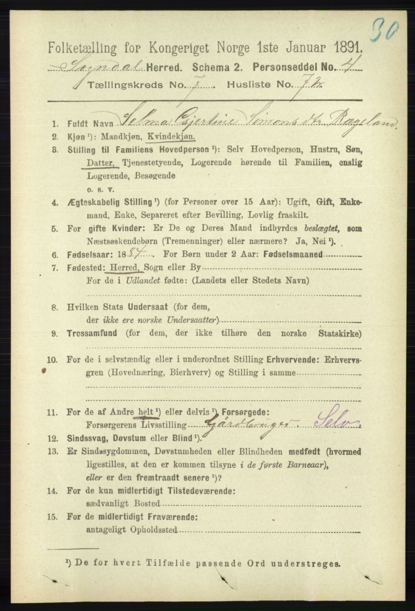 RA, 1891 census for 1111 Sokndal, 1891, p. 2577