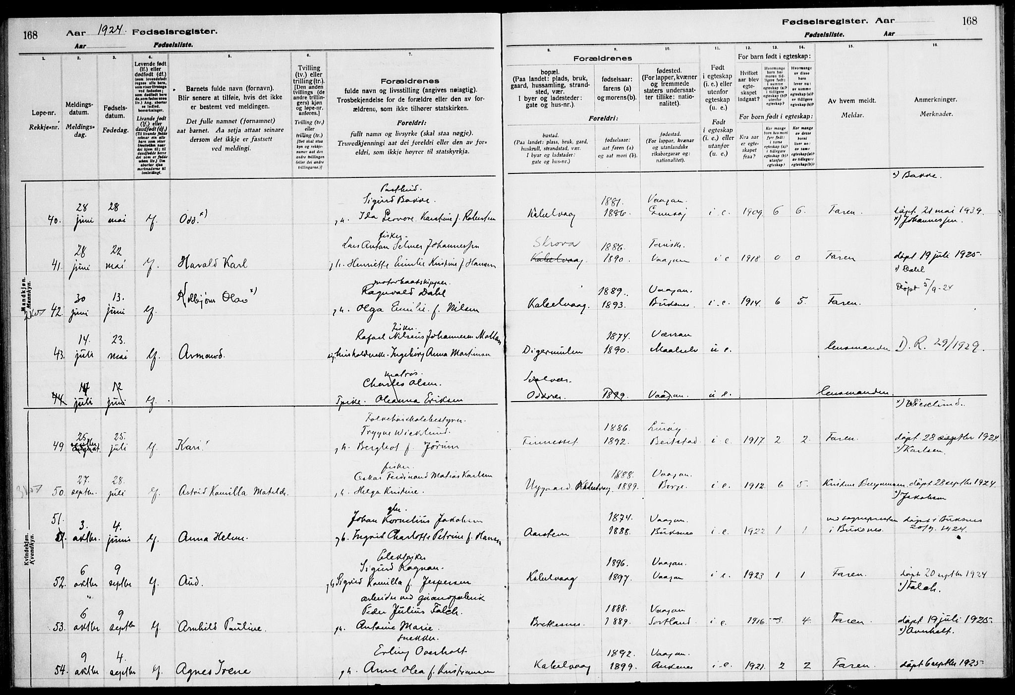 Ministerialprotokoller, klokkerbøker og fødselsregistre - Nordland, AV/SAT-A-1459/874/L1089: Birth register no. 874.II.4.1, 1916-1926, p. 168