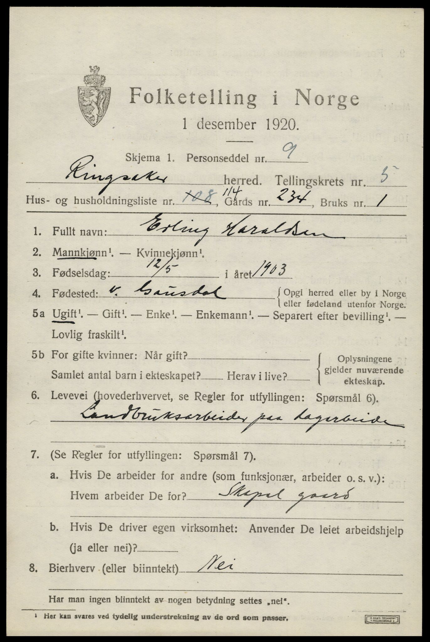 SAH, 1920 census for Ringsaker, 1920, p. 11190