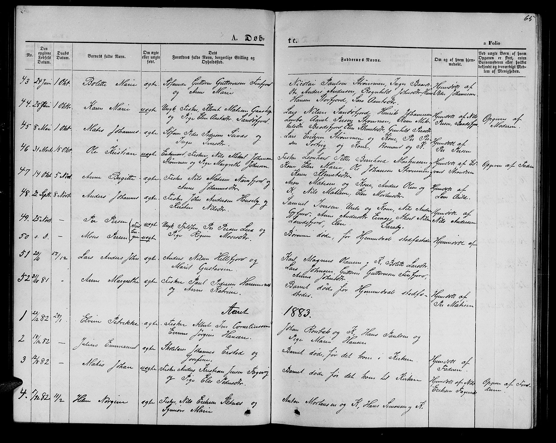 Hammerfest sokneprestkontor, SATØ/S-1347/H/Hb/L0005.klokk: Parish register (copy) no. 5, 1869-1884, p. 65