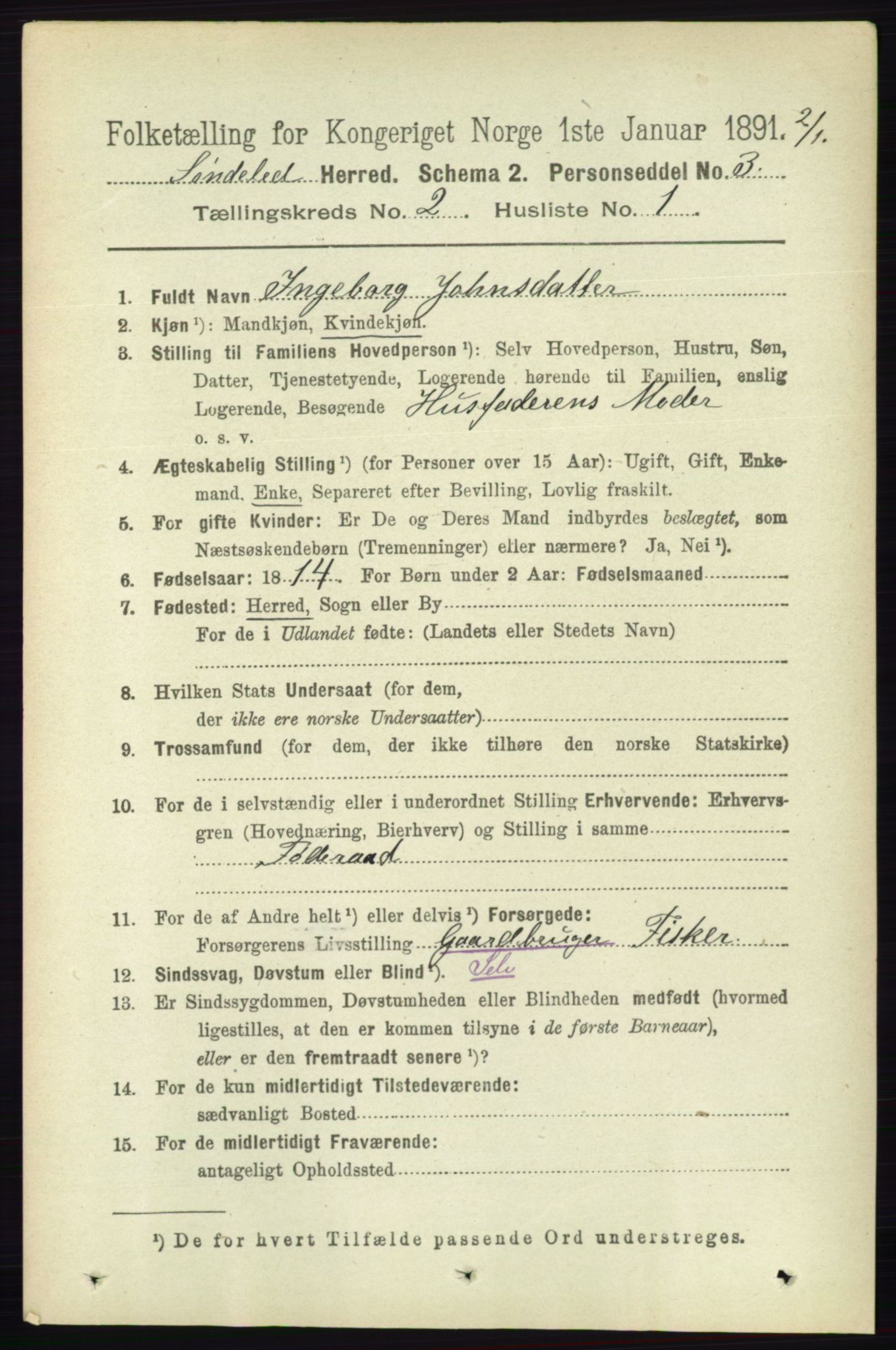 RA, 1891 census for 0913 Søndeled, 1891, p. 385