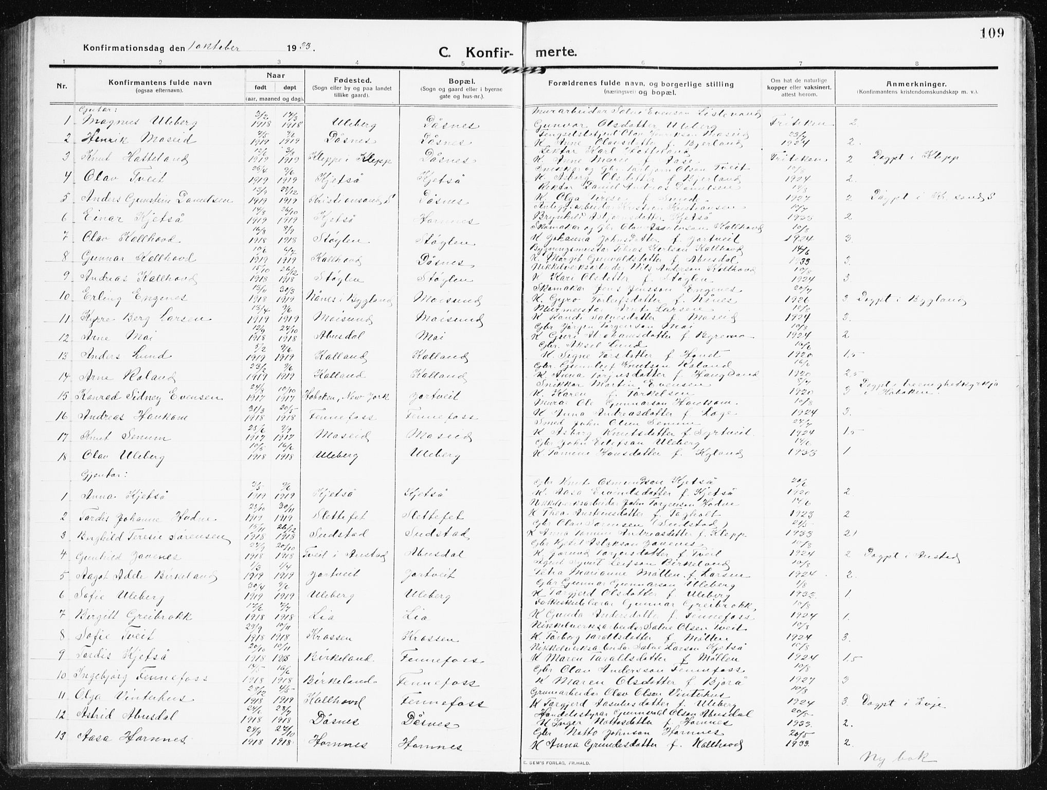 Evje sokneprestkontor, SAK/1111-0008/F/Fb/Fbb/L0003: Parish register (copy) no. B 3, 1910-1933, p. 109